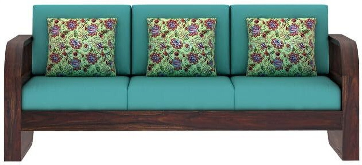 Image of Dreamydesks 3 Seater Sofa with Side Pockets with Cushions for Living Room Solid Wood 3 Seater Sofa
