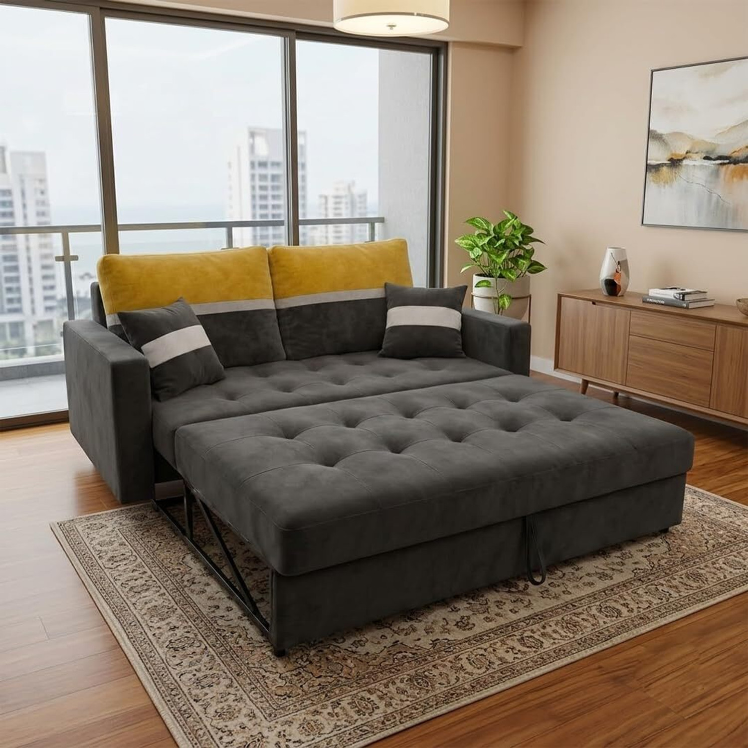Image of FURNY Tavissa 2 Seater Fabric Pull-Out Sofa Cum Bed Function | Luxury Velvet Dark Grey Fabric 2 Seater Sofa