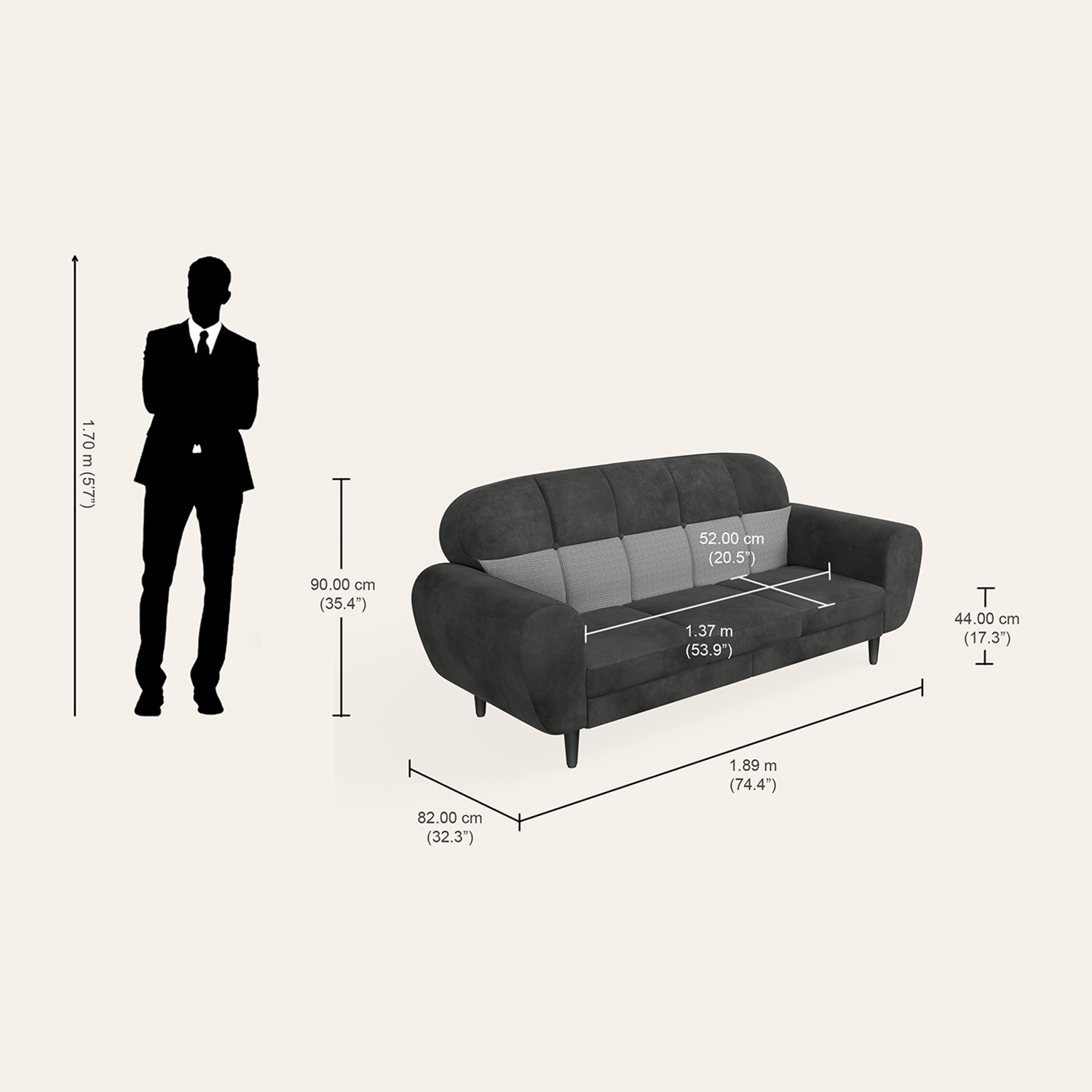 Image of Interio by Godrej BobbinV2 Fabric 3 Seater Sofa