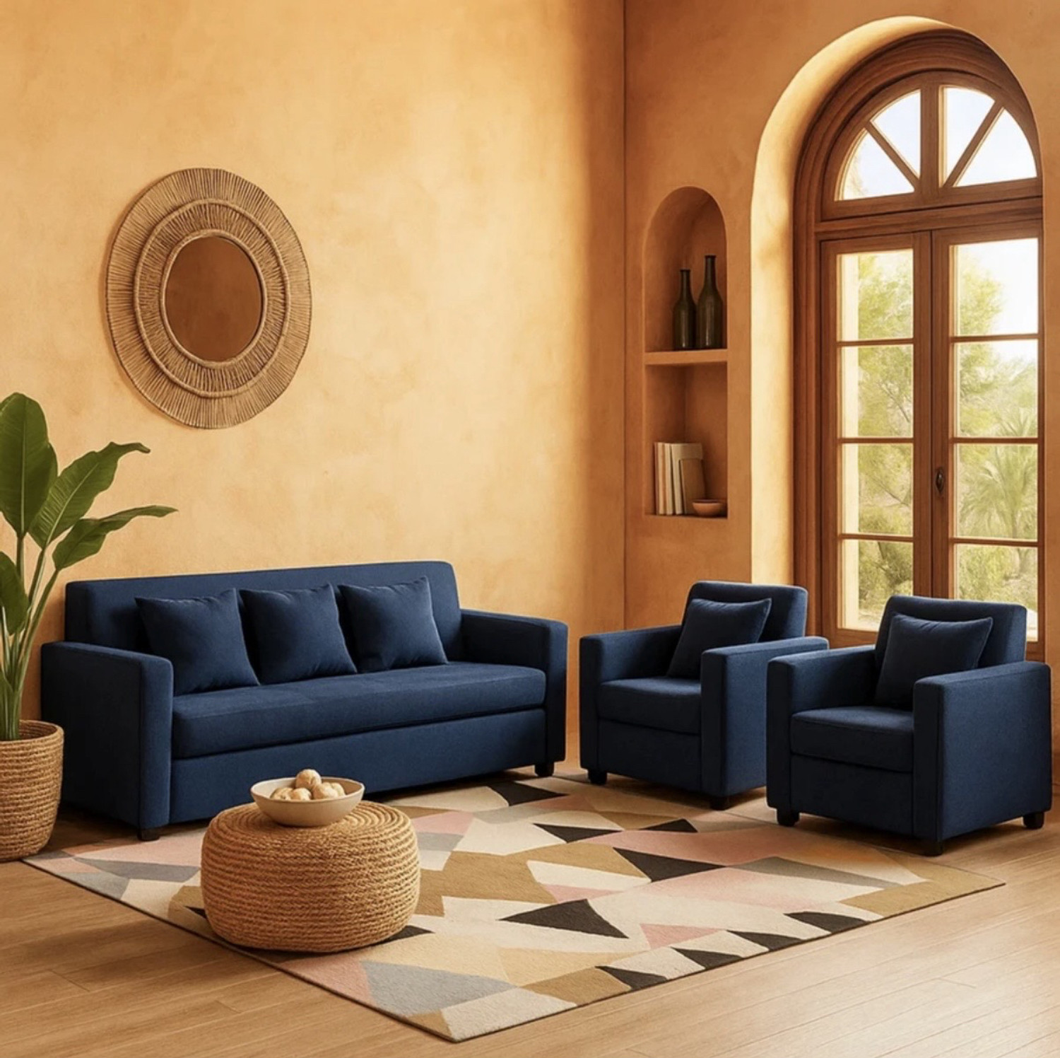 Image of thelazyloft POLO Dark Blue Fabric 5 Seater Sofa