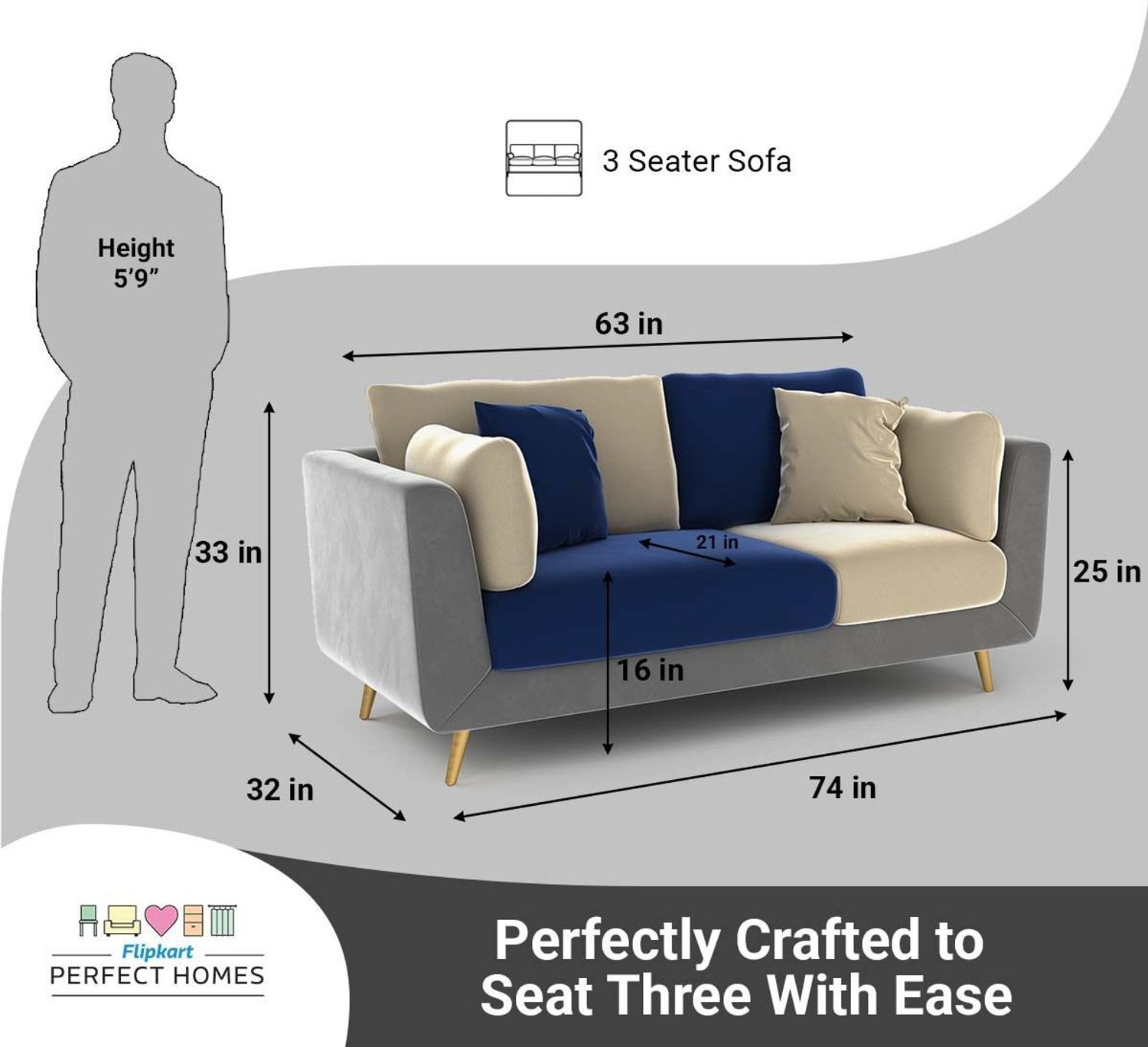 Image of Flipkart Perfect Homes Premium CloudNest Comfortable & Durable Stylish Fabric 3 Seater Sofa