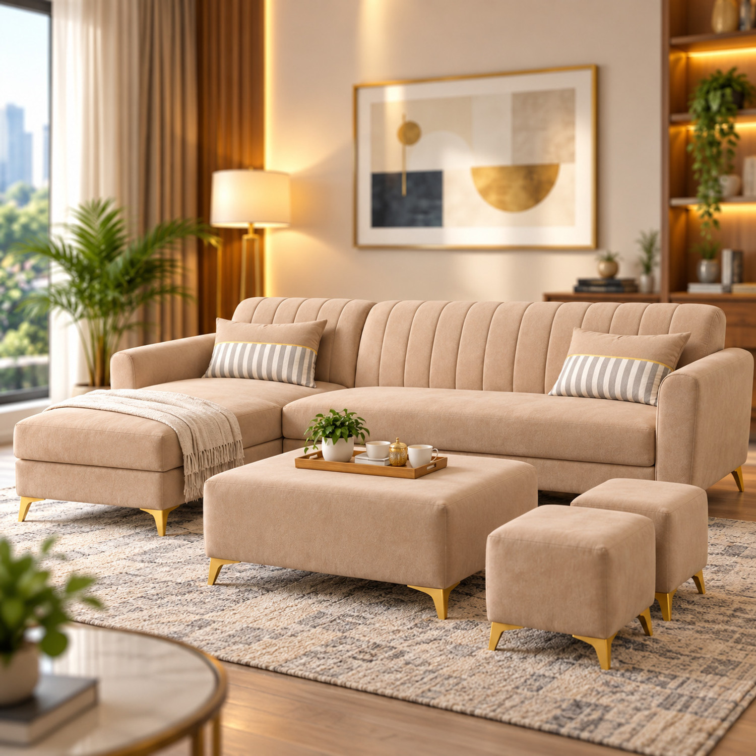Image of Adorn India Luster 8 Seater L Shape Sofa | LHS | Beige | 2 Puffy & Center Table Fabric 8 Seater Sofa (Finish Color - Beige, Pre-assembled)
