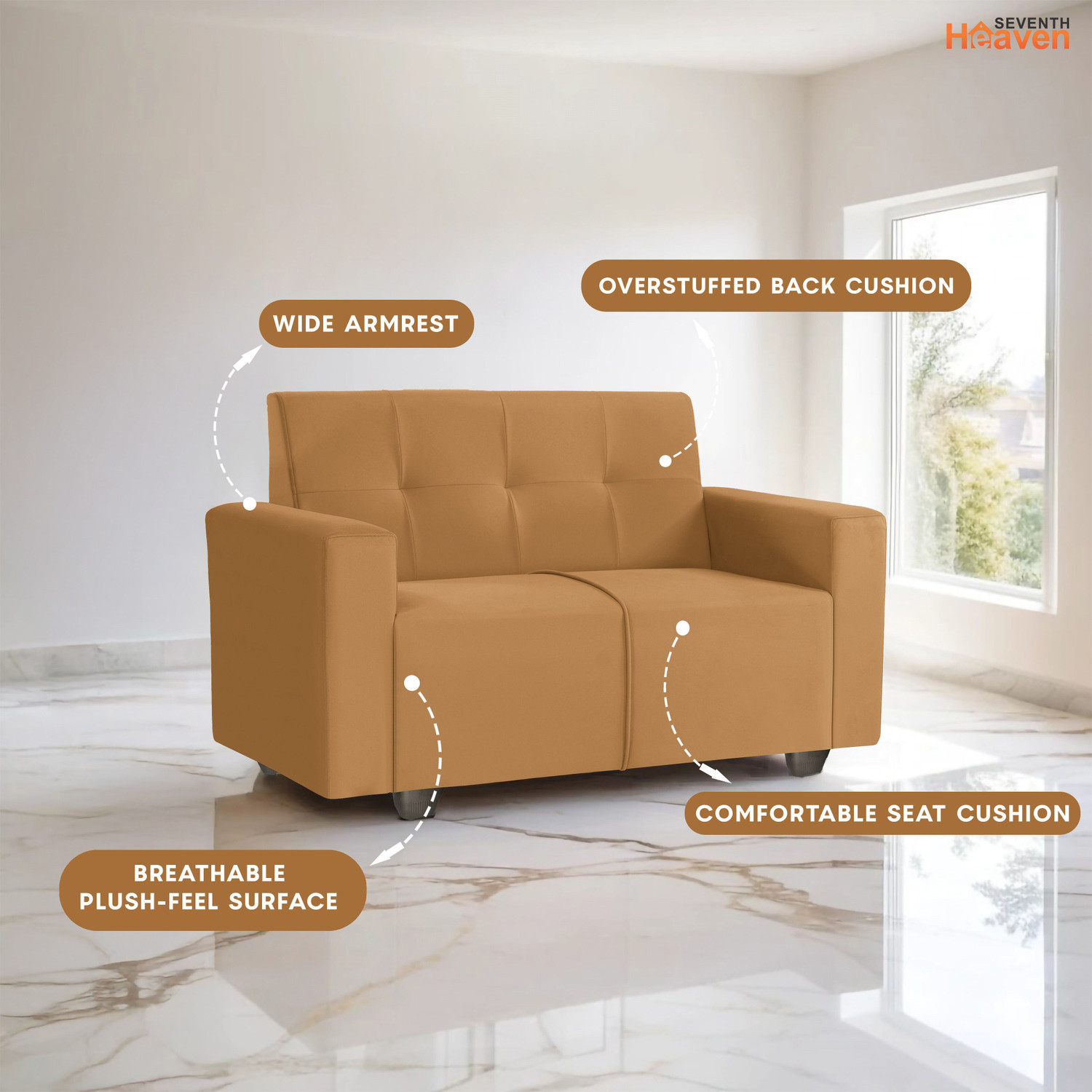 Image of Seventh Heaven London 2 Seater Sofa, Extra Spacious, Plush Suede Fabric 2 Seater Sofa