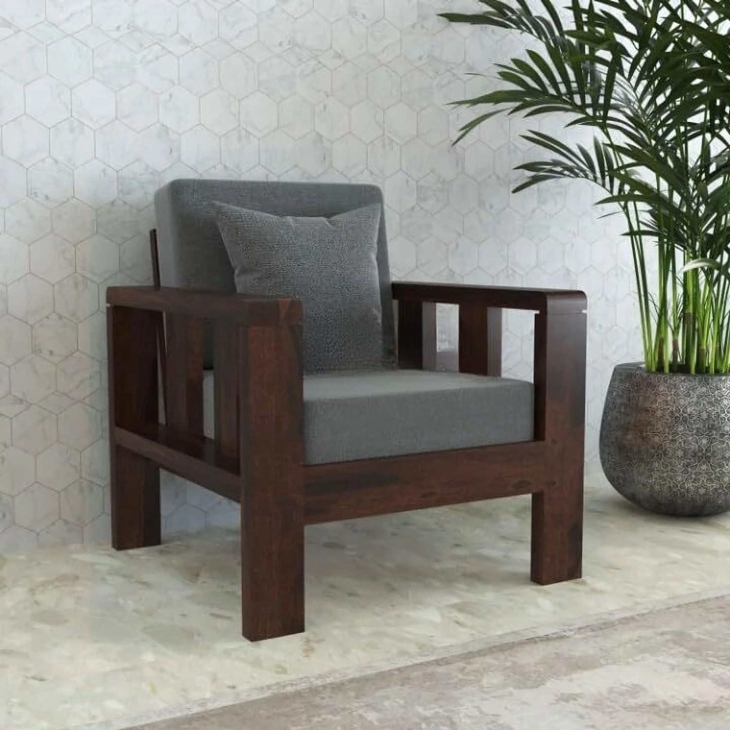 Image of DRYLC FURNITURE Solid Sheesham Wood Single Seater Sofa for Livingroom Fabric 1 Seater Sofa