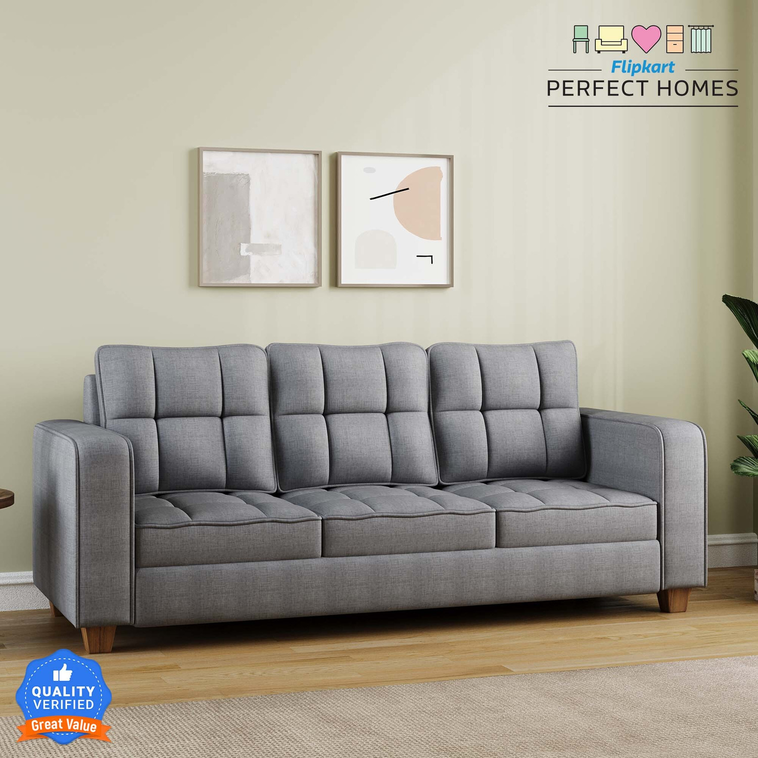 Image of Flipkart Perfect Homes Kaiyo Fabric 3 Seater Sofa