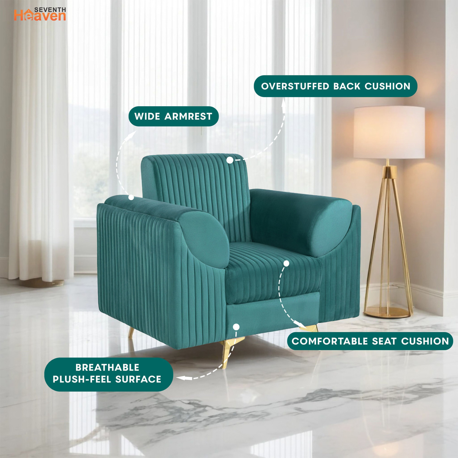 Image of Seventh Heaven Venice 1 Seater Sofa, Extra Spacious, Plush Suede Fabric: 1 Year Warranty Fabric 1 Seater Sofa