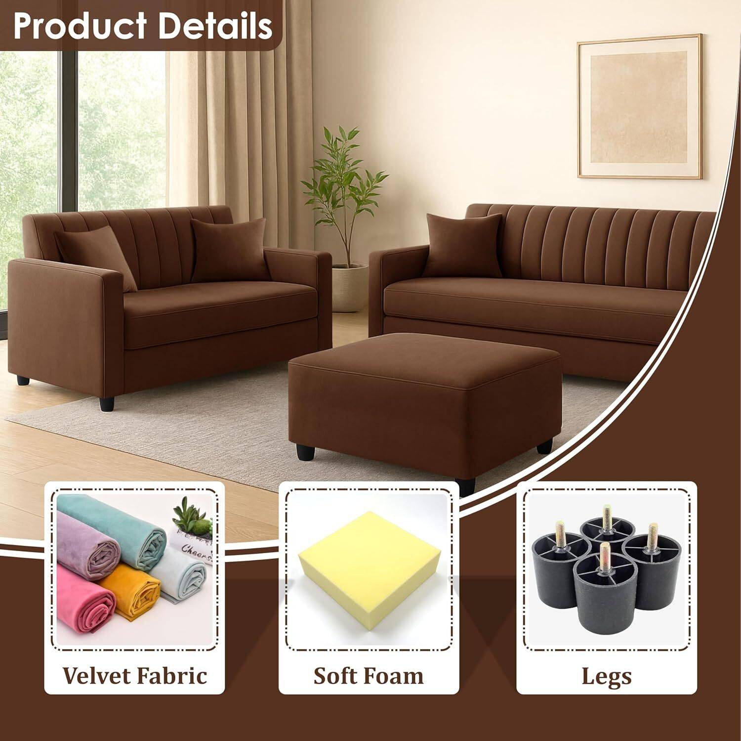 Dr Smith 3+2 Seater Velvet Fabric Sofa Set with Ottoman - Image 4