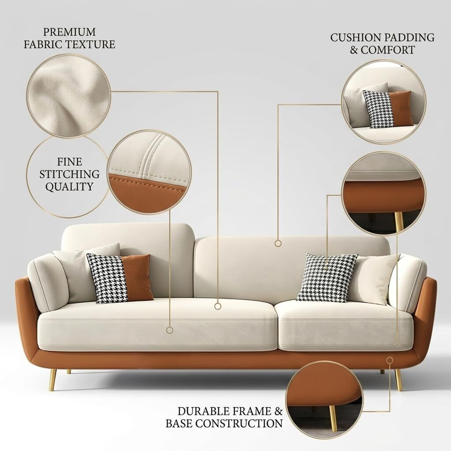 Image of Z H Handicrafts 3 Seater Velvet Comfortable Sofa with Cushion Chaise Lounge Sectional Sofa Fabric 3 Seater Sofa