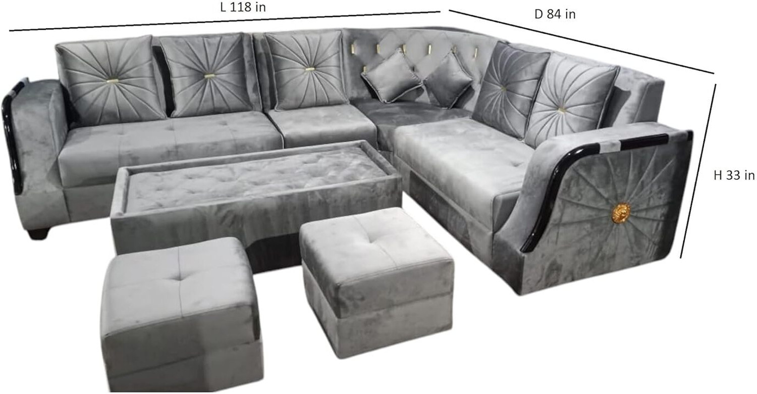Image of APRODZ L-Shaped Sectional 6-Seater Sofa with Tufted Back Padded Armrest Corner Sofa Fabric 6 Seater Sofa