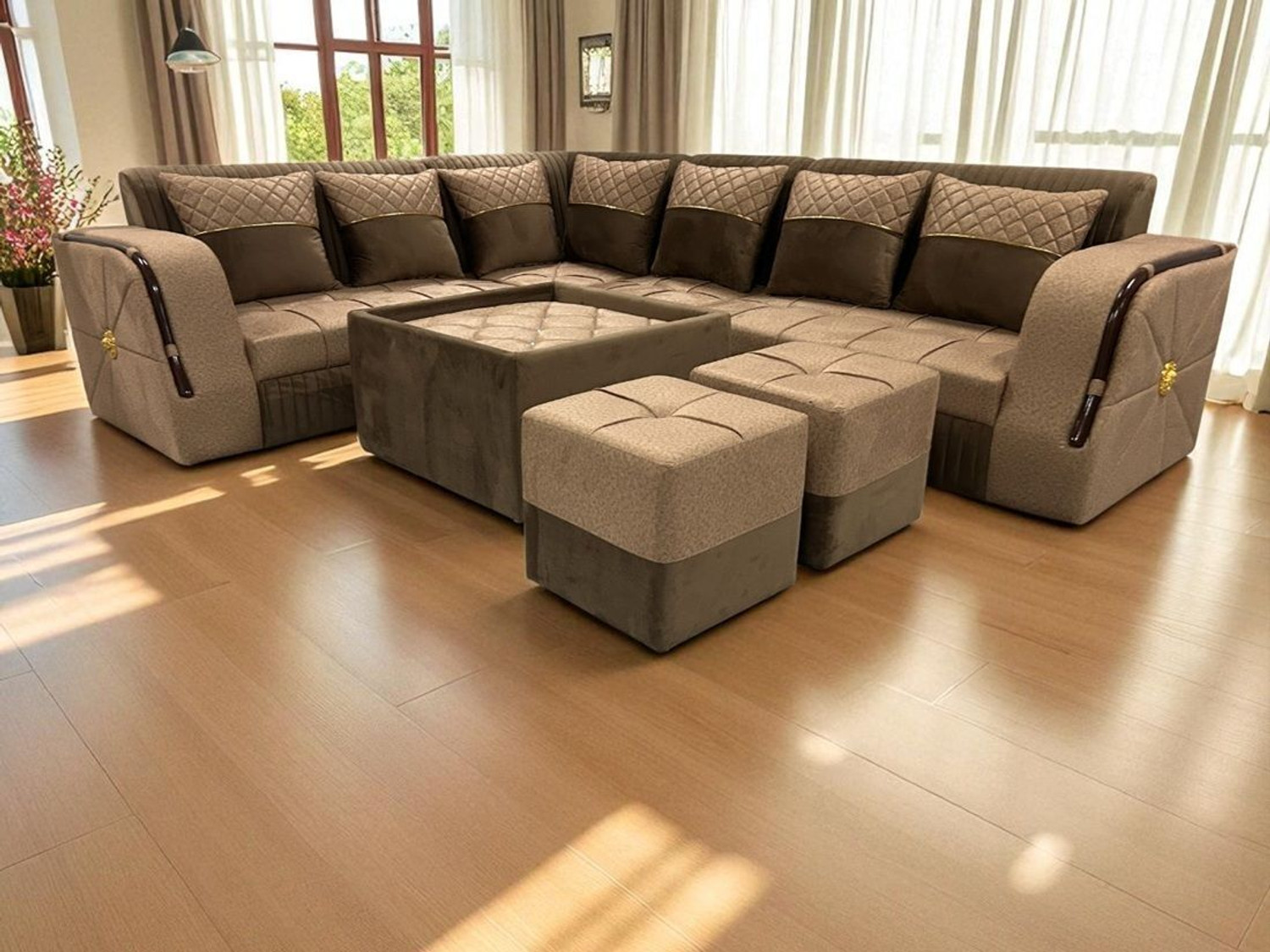 Image of LSI INTERIOR LSI03 TAN BROWN Fabric 8 Seater Sofa