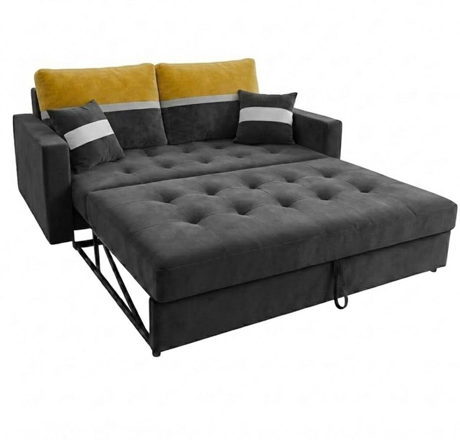 Image of FURNY Tavissa 2 Seater Fabric Pull-Out Sofa Cum Bed Function | Luxury Velvet Dark Grey Fabric 2 Seater Sofa