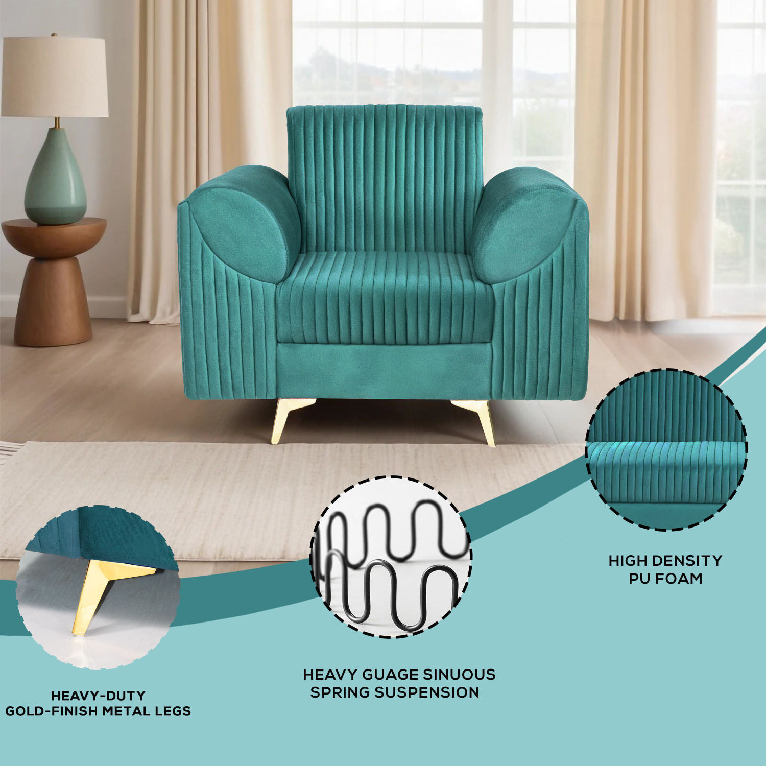 Image of Seventh Heaven Venice 1 Seater Sofa, Extra Spacious, Plush Suede Fabric: 1 Year Warranty Fabric 1 Seater Sofa