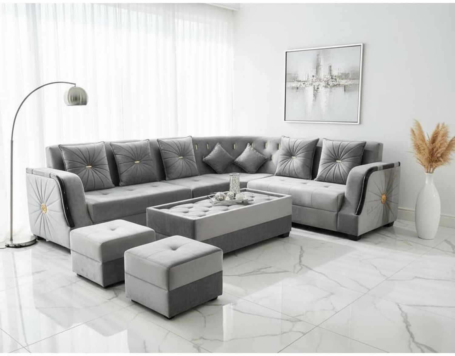 Image of APRODZ L-Shaped Sectional 6-Seater Sofa with Tufted Back Padded Armrest Corner Sofa Fabric 6 Seater Sofa