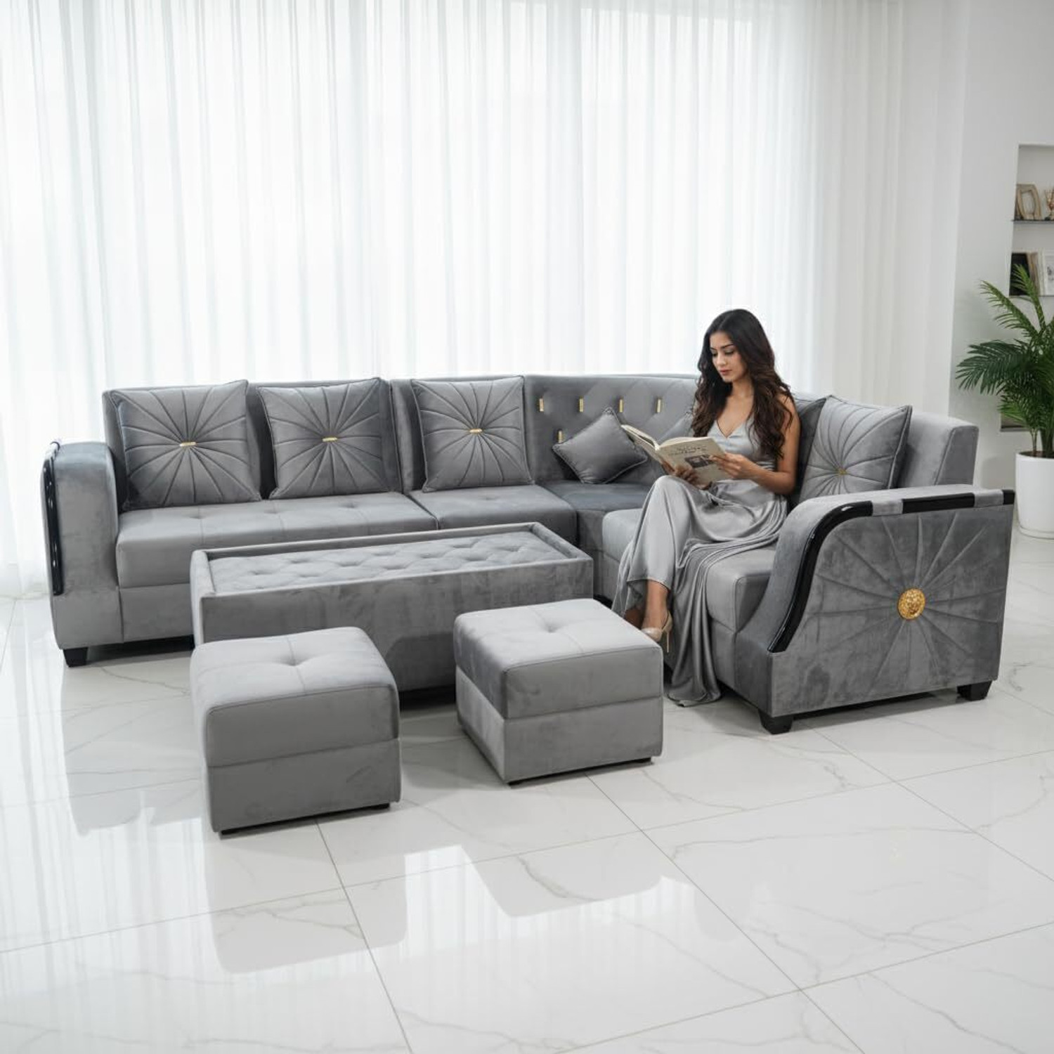 Image of APRODZ L-Shaped Sectional 6-Seater Sofa with Tufted Back Padded Armrest Corner Sofa Fabric 6 Seater Sofa