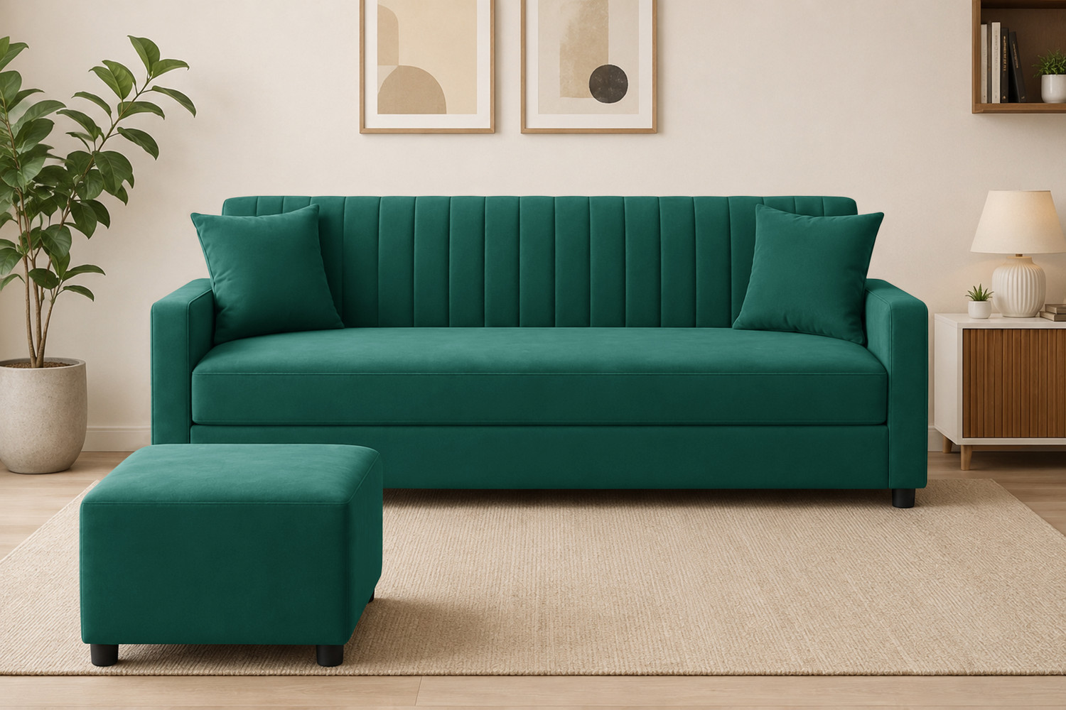 Image of Dr Smith Modern 3 Seater Velvet Fabric Sofa with Ottoman Fabric 3 Seater Sofa
