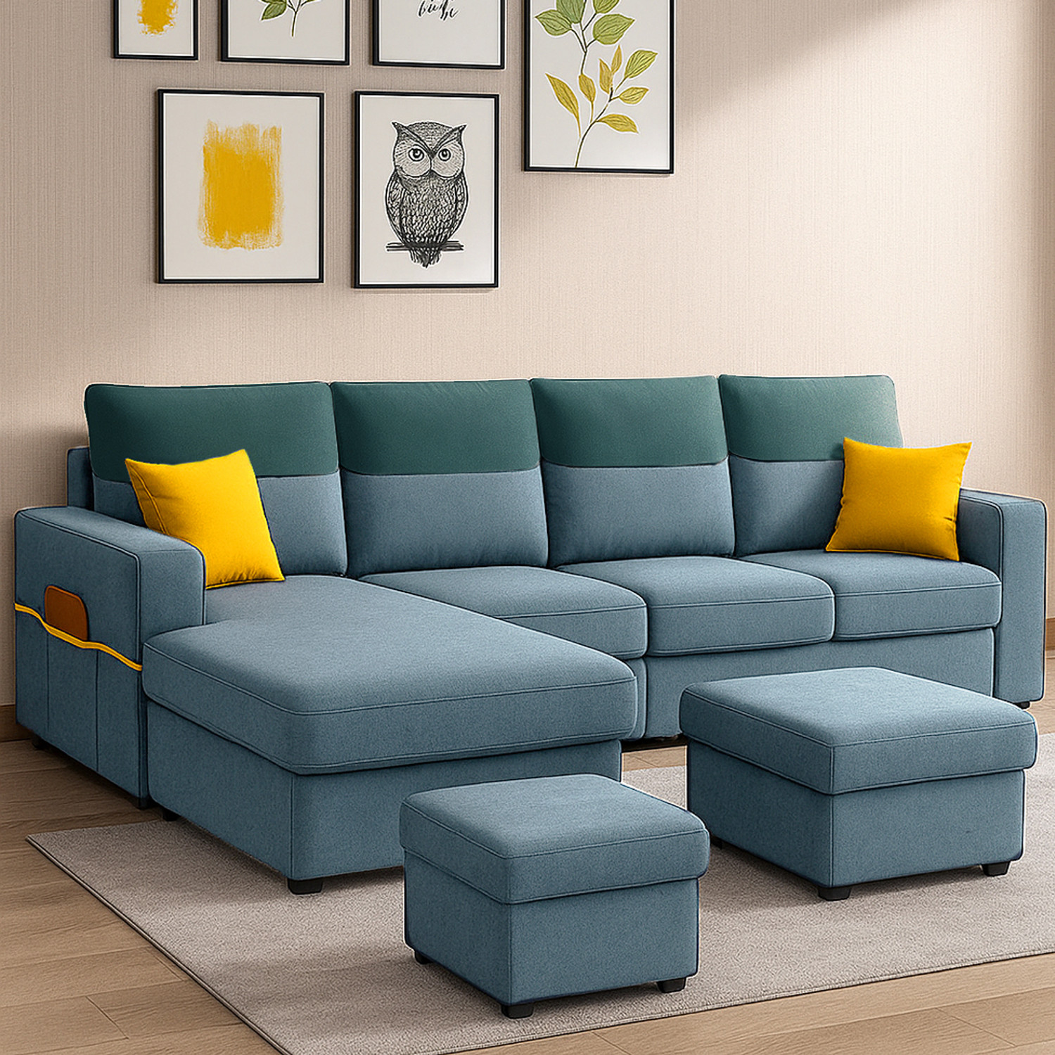 Image of FURNY Tokyo 8 Seater Fabric LHS L Shape Sofa Set with 1 Centre Table & 2 Puffy Fabric 8 Seater Sofa