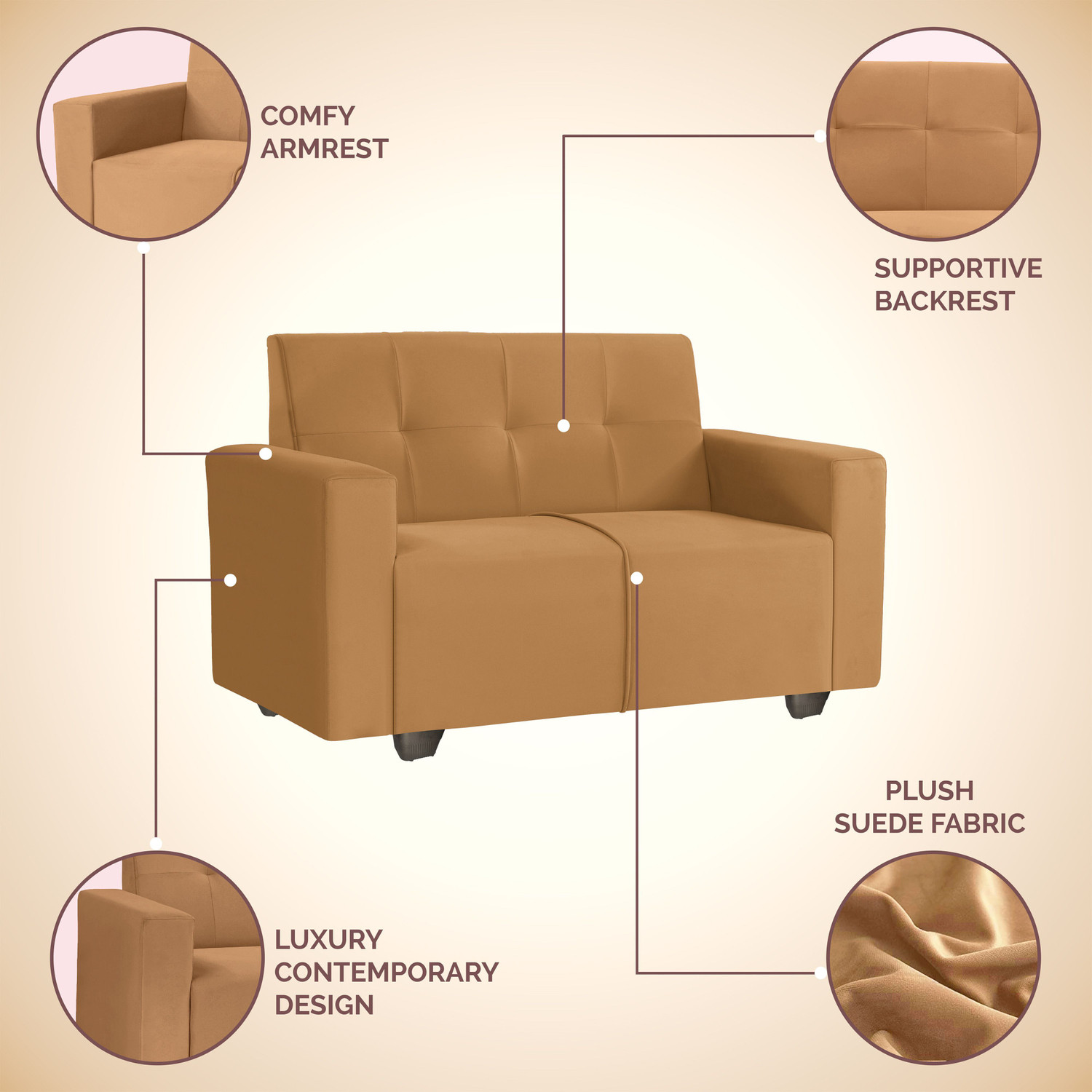 Image of Seventh Heaven London 2 Seater Sofa, Extra Spacious, Plush Suede Fabric 2 Seater Sofa