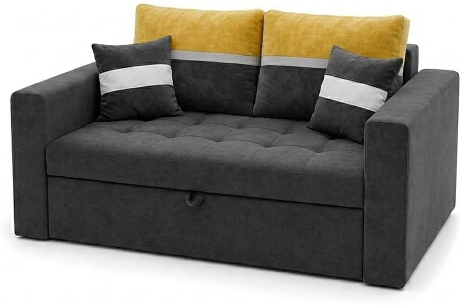 Image of FURNY Tavissa 2 Seater Fabric Pull-Out Sofa Cum Bed Function | Luxury Velvet Dark Grey Fabric 2 Seater Sofa