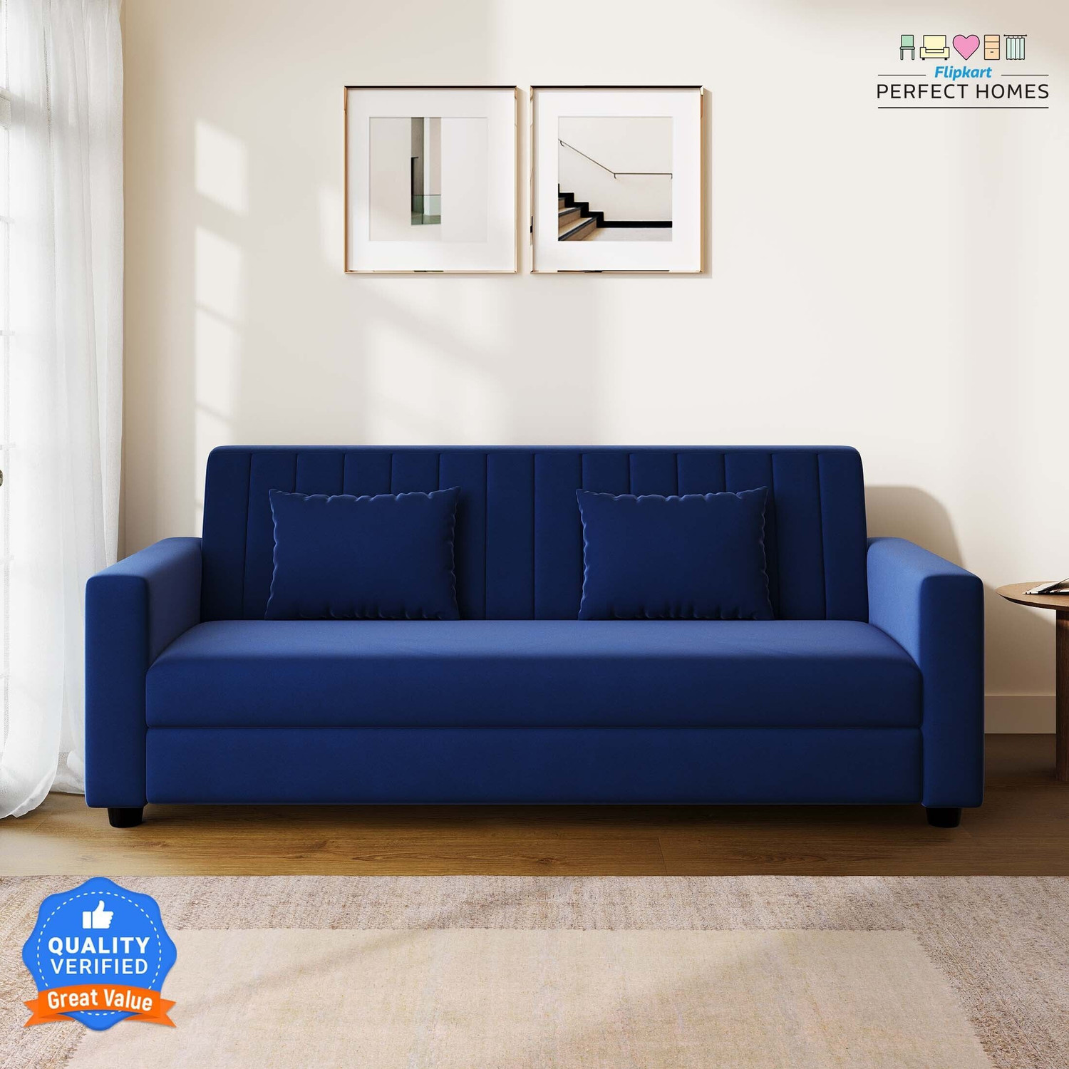 Image of Flipkart Perfect Homes Aeroform Luxuary Sofa Velvet Upholstery l Rick look Legs Fabric 3 Seater Sofa