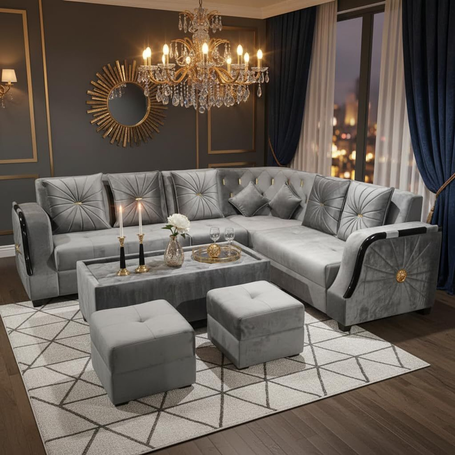 Image of APRODZ L-Shaped Sectional 6-Seater Sofa with Tufted Back Padded Armrest Corner Sofa Fabric 6 Seater Sofa