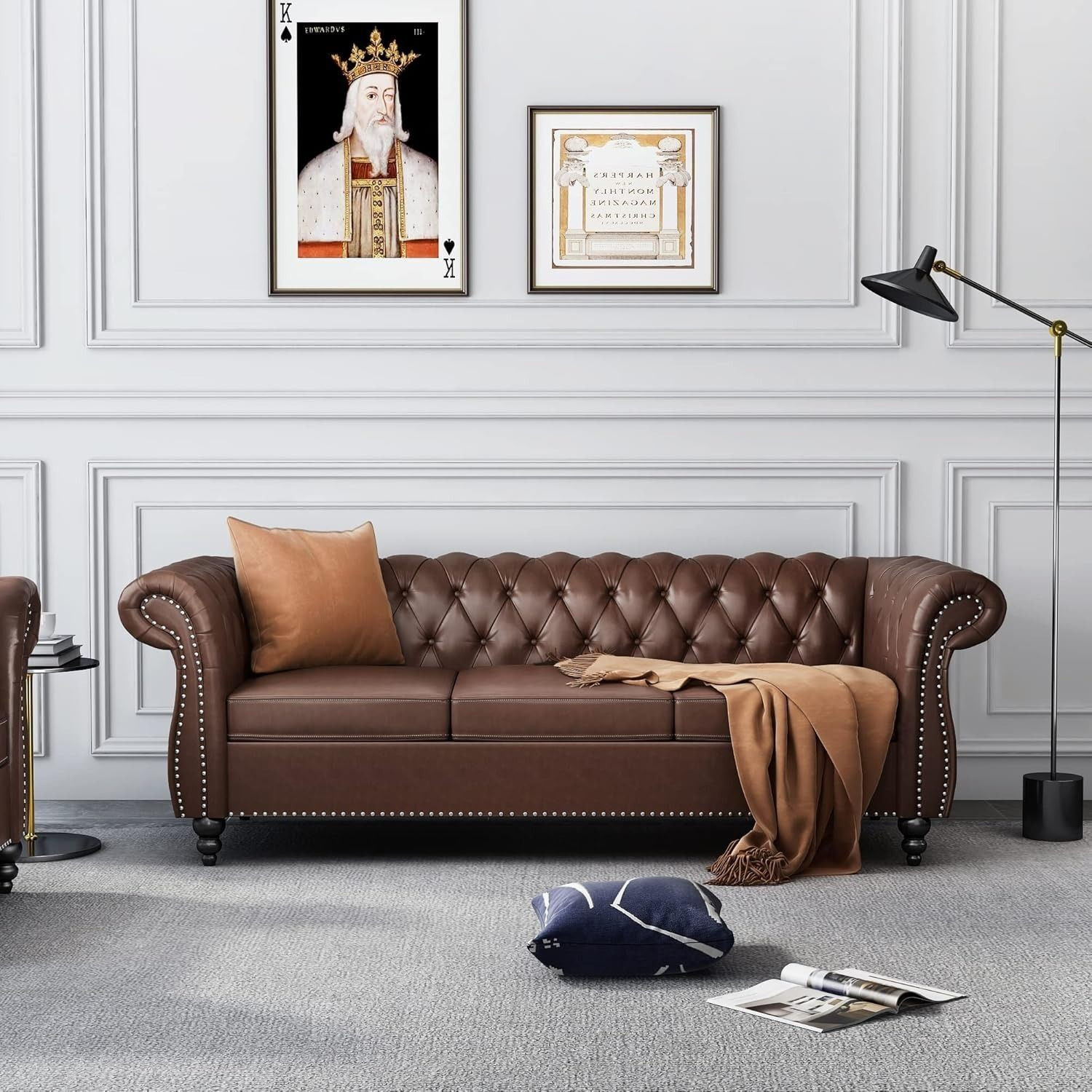 Image of Arcreation shop Chesterfield Sofa Leather Modern PU Tufted Couch with Rolled Arms and Nailhead Leatherette 3 Seater Sofa