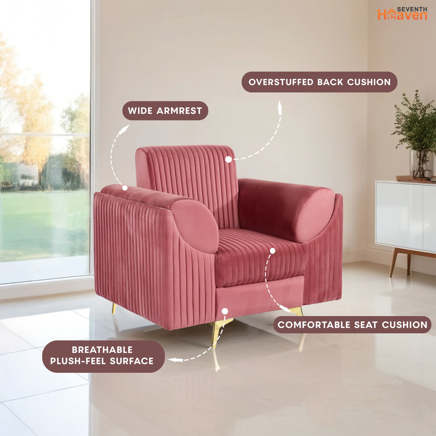 Image of Seventh Heaven Venice 1 Seater Sofa, Extra Spacious, Plush Suede Fabric: 2 Year Warranty Fabric 1 Seater Sofa