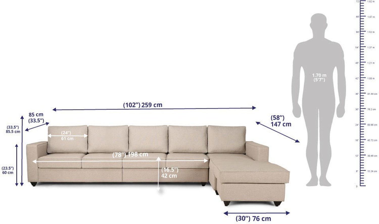Image of Wakefit Napper Right Aligned Chaise with Ottoman Fabric 7 Seater Sofa