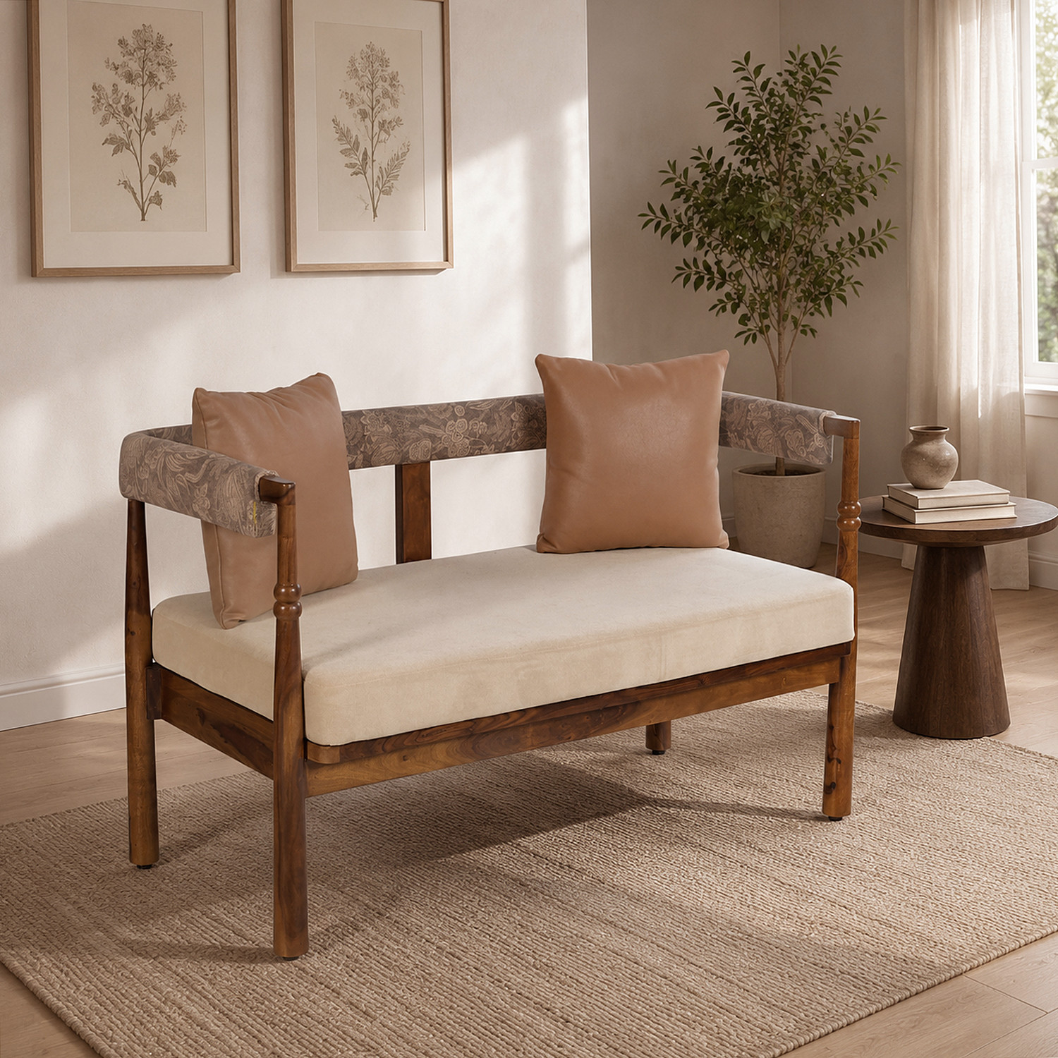 Image of Bene Decor Solid Wood 2 Seater Sofa | Fabric 2 Seater Sofa (Finish Color - provisional teak, Pre-assembled)