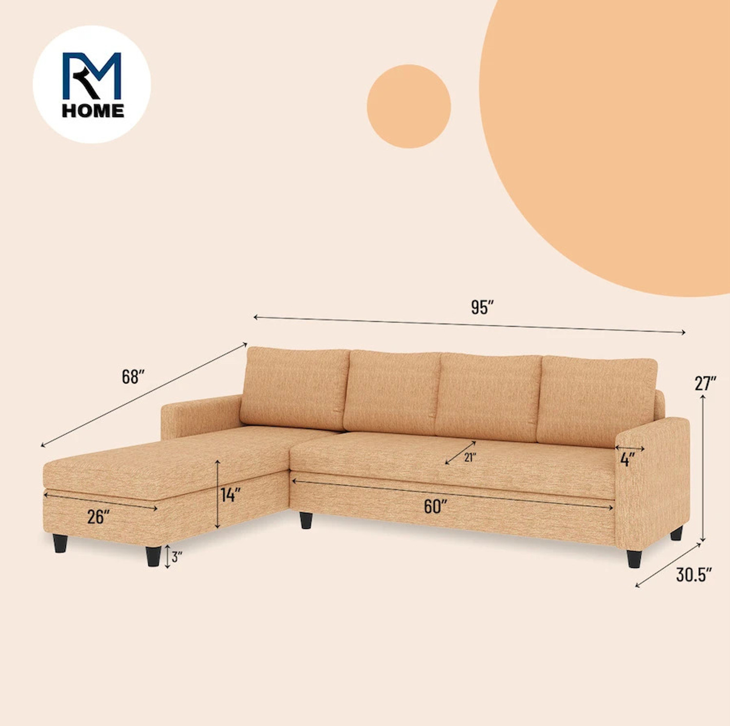 Image of RM HOME Megun RHS Molfino Seat & Pillow washable Fabric 6 Seater Sofa