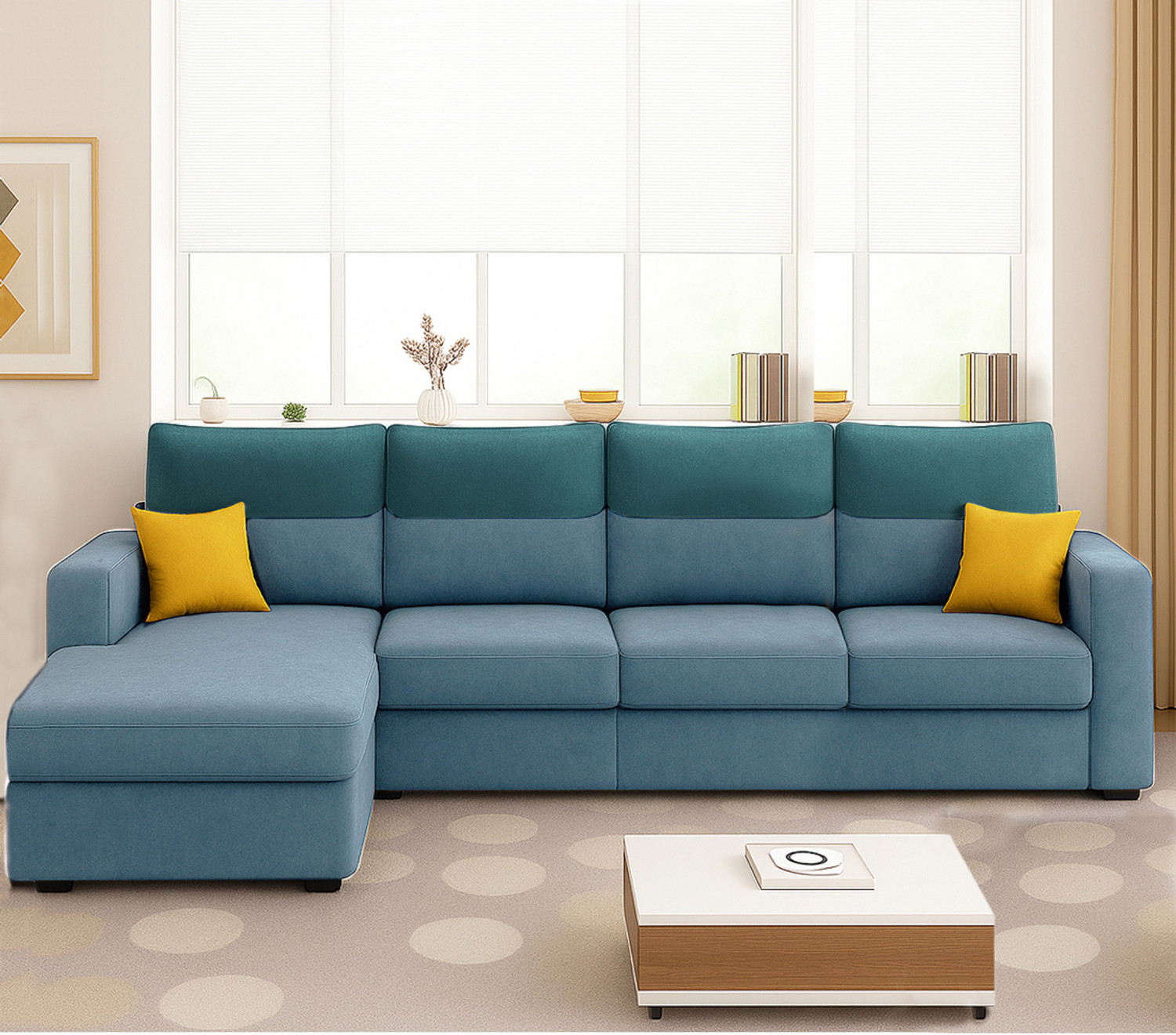 Image of FURNY Tokyo 8 Seater Fabric LHS L Shape Sofa Set with 1 Centre Table & 2 Puffy Fabric 8 Seater Sofa