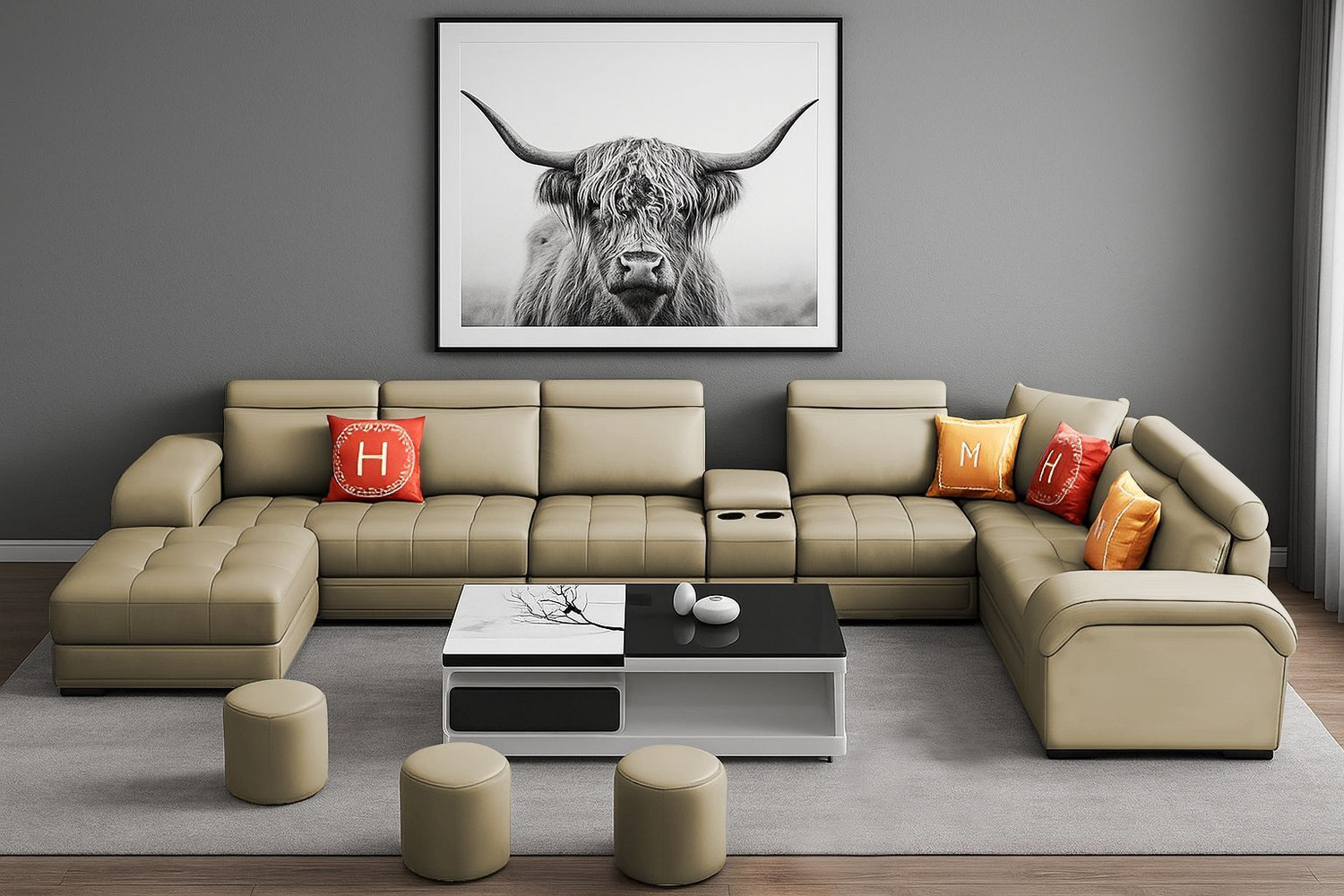 Image of Casaliving Emerson Modern U-Shaped Sectional Sofa Set 9 Seater, Sofa Couch with 3 Puffy Leather 9 Seater Sofa
