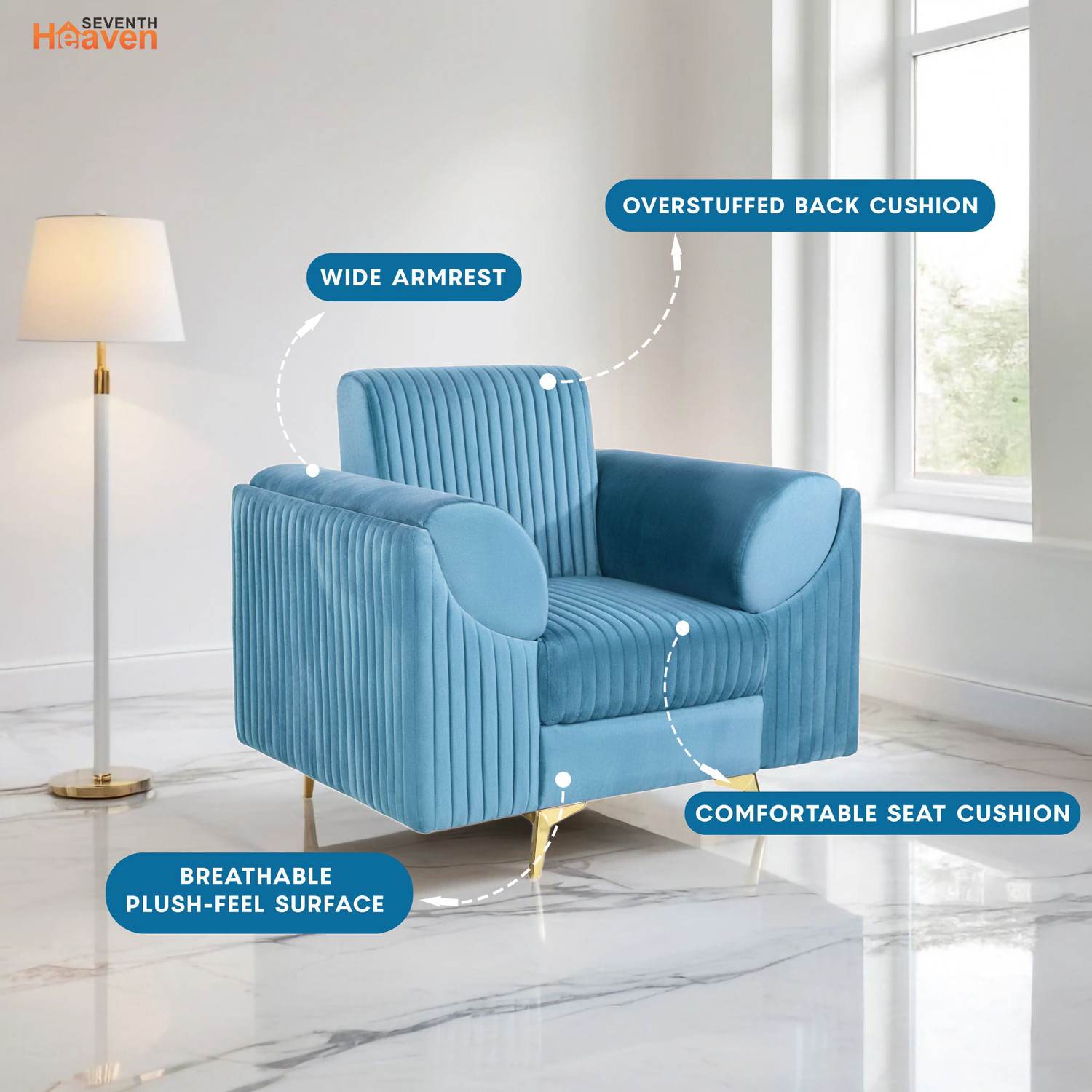 Image of Seventh Heaven Venice 1 Seater Sofa, Extra Spacious, Plush Suede Fabric: 1 Year Warranty Fabric 1 Seater Sofa