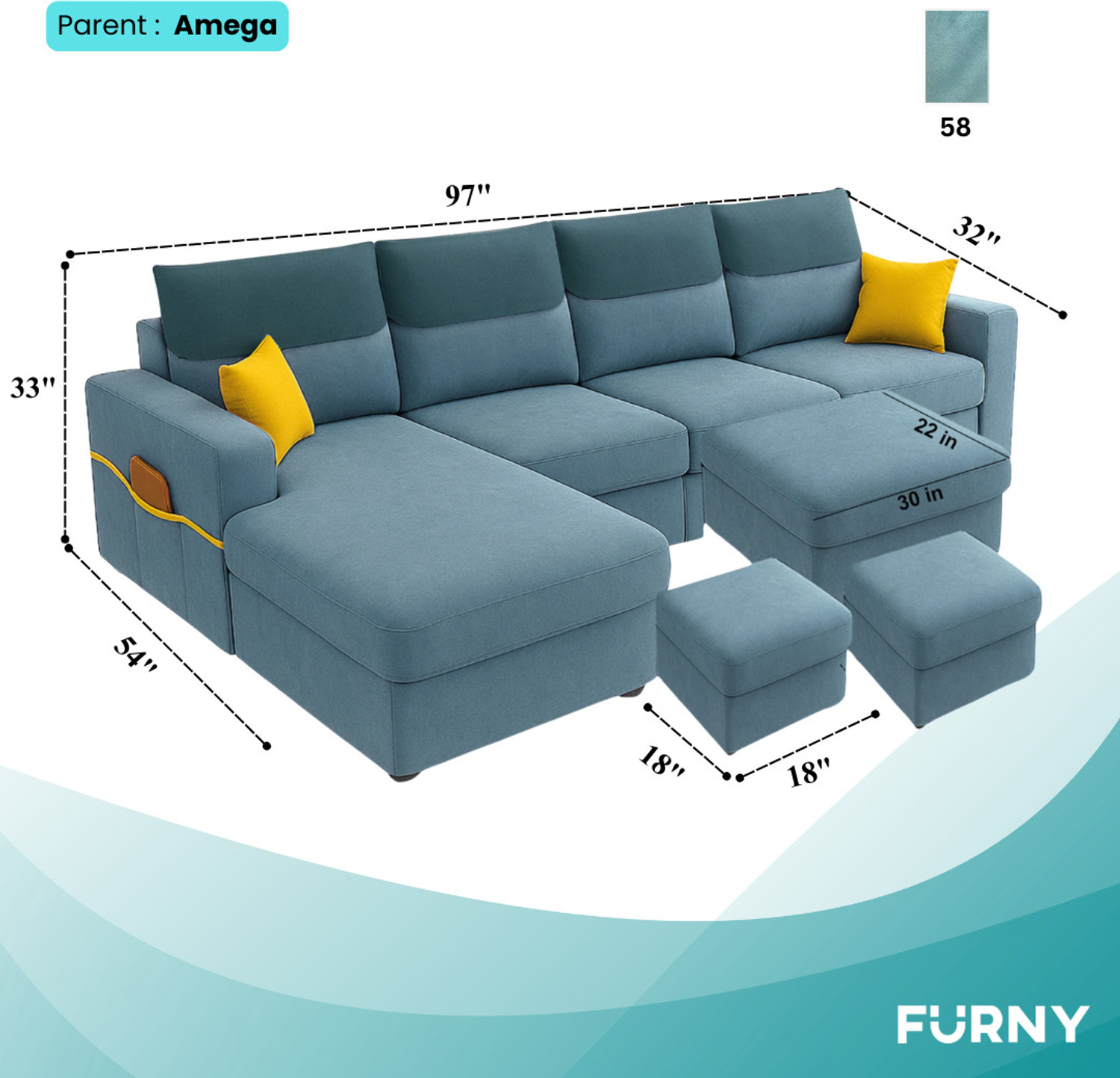 Image of FURNY Tokyo 8 Seater Fabric LHS L Shape Sofa Set with 1 Centre Table & 2 Puffy Fabric 8 Seater Sofa