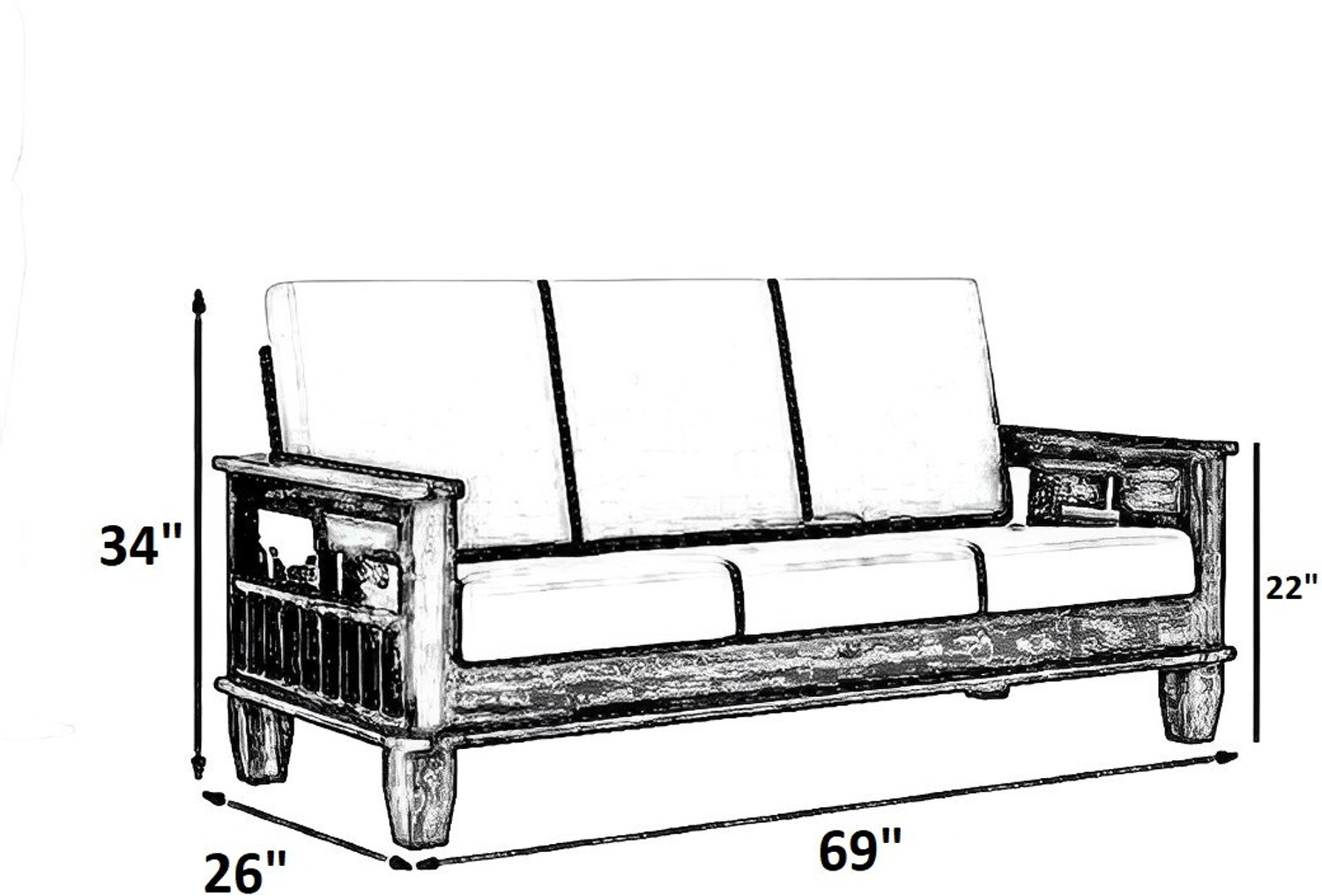 Image of SIDDH Solid Sheesham Wood 3 Seater Sofa For Set of 3 Pieces Fabric 3 Seater Sofa