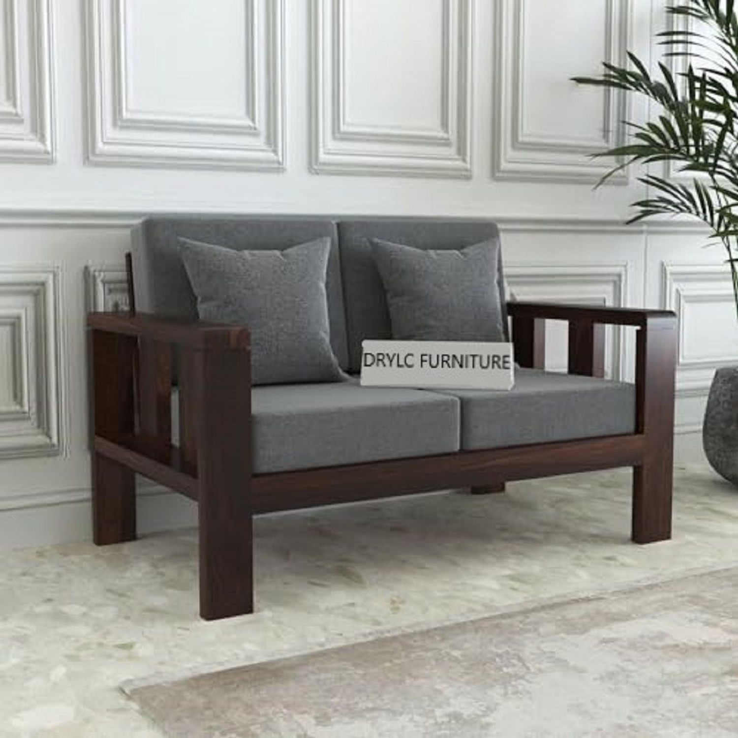 Image of DRYLC FURNITURE Solid Sheesham Wood Two Seater Sofa for Livingroom Fabric 2 Seater Sofa