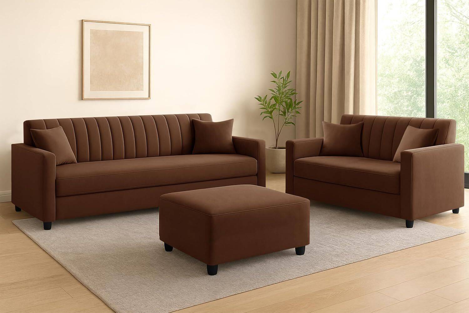 Dr Smith 3+2 Seater Velvet Fabric Sofa Set with Ottoman - Image 1