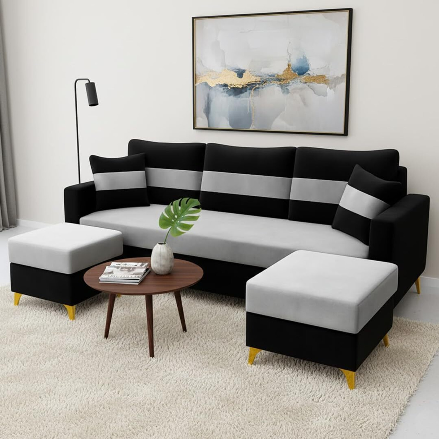 Image of FURNY Bastian 3 Seater Modular Sofa Set with 2 Ottoman| Soft Velvet | Sofas Fabric 3 Seater Sofa