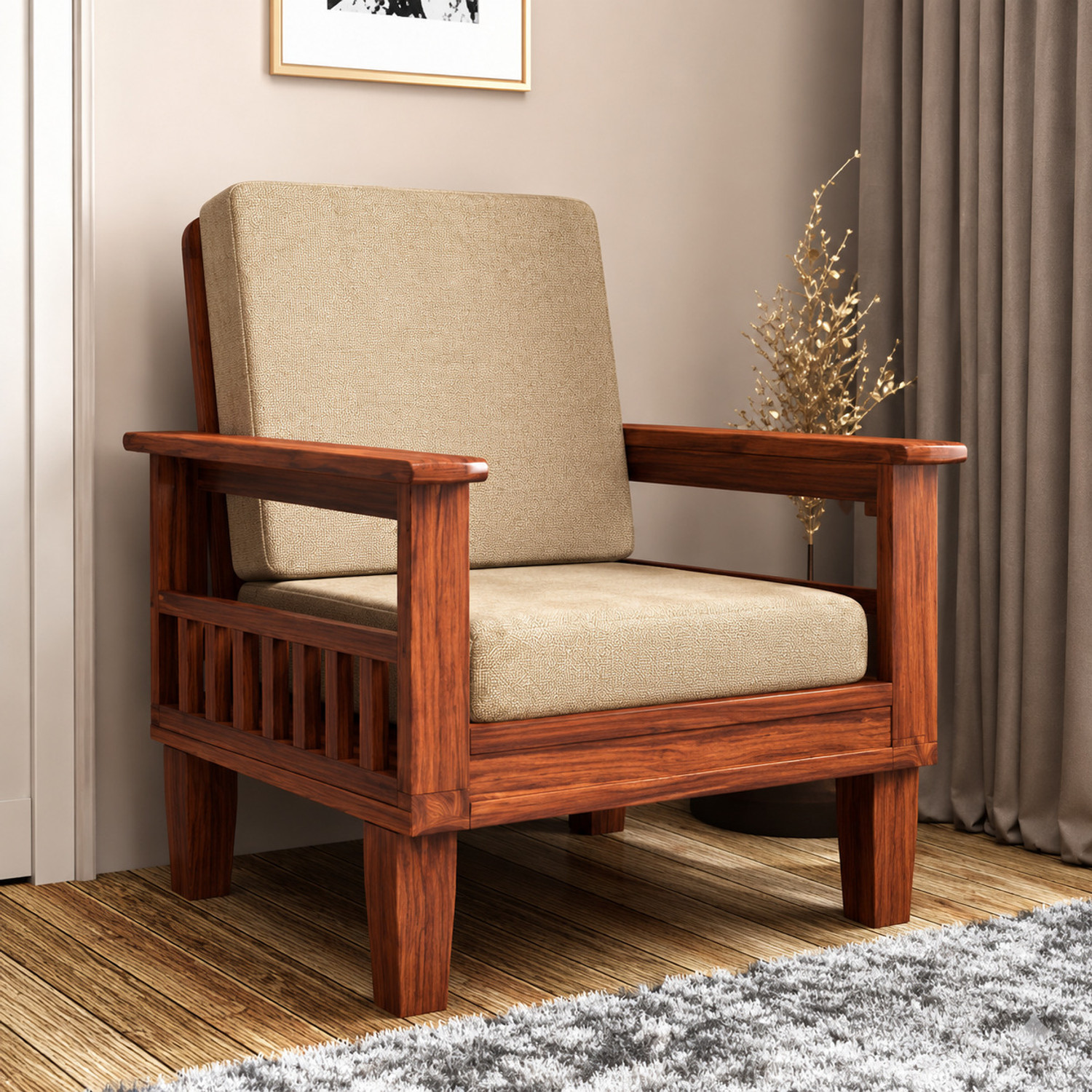 Image of Kendalwood Furniture Solid Wood 1 Seater Wooden Sofa set for living Room Furniture Fabric 1 Seater Sofa