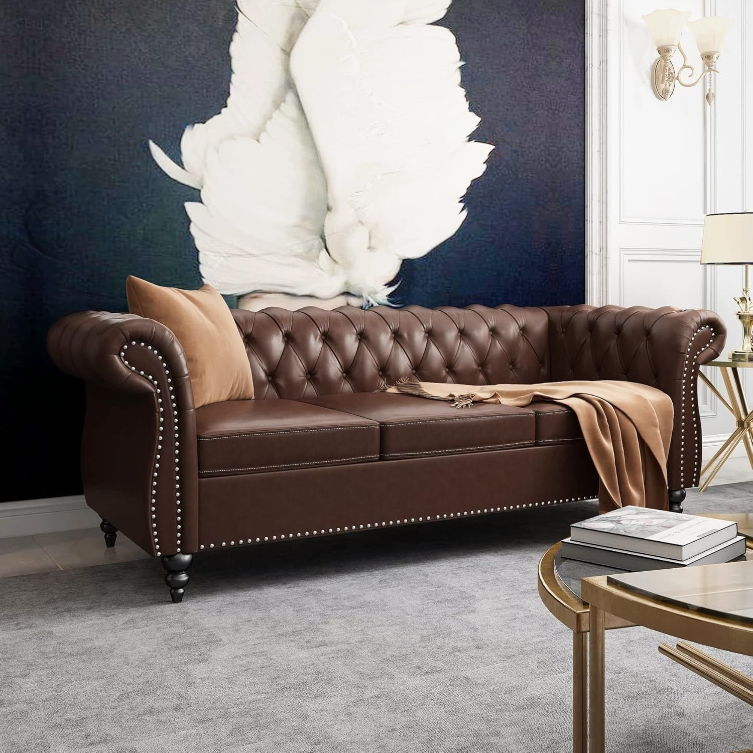 Image of Arcreation shop Chesterfield Sofa Leather Modern PU Tufted Couch with Rolled Arms and Nailhead Leatherette 3 Seater Sofa