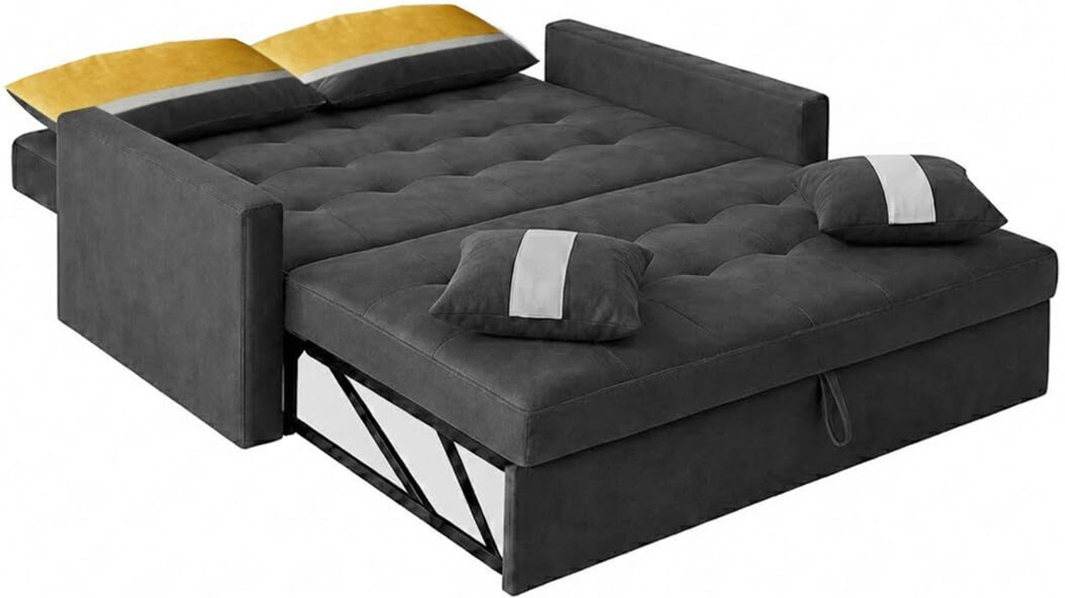 Image of FURNY Tavissa 2 Seater Fabric Pull-Out Sofa Cum Bed Function | Luxury Velvet Dark Grey Fabric 2 Seater Sofa