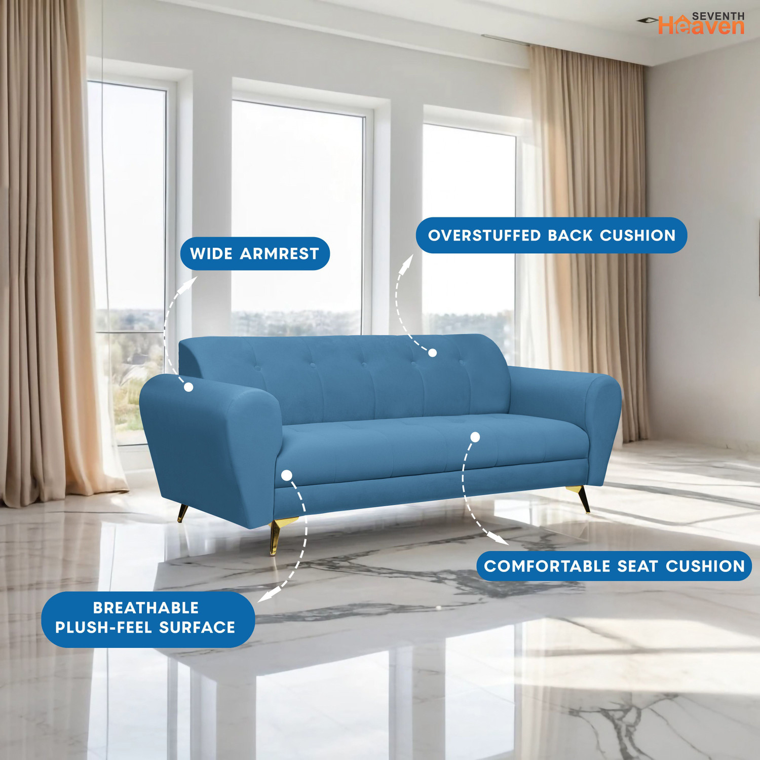 Image of Seventh Heaven Milan Icon 3 Seater Sofa, Extra Spacious, Plush Suede Fabric 3 Seater Sofa