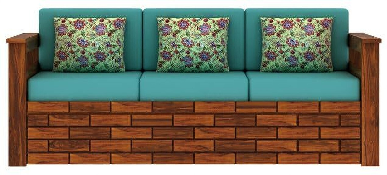 Image of Dreamydesks Solid Wood 3 Seater Sofa with Side Pockets with Cushions for Living Room Solid Wood 3 Seater Sofa
