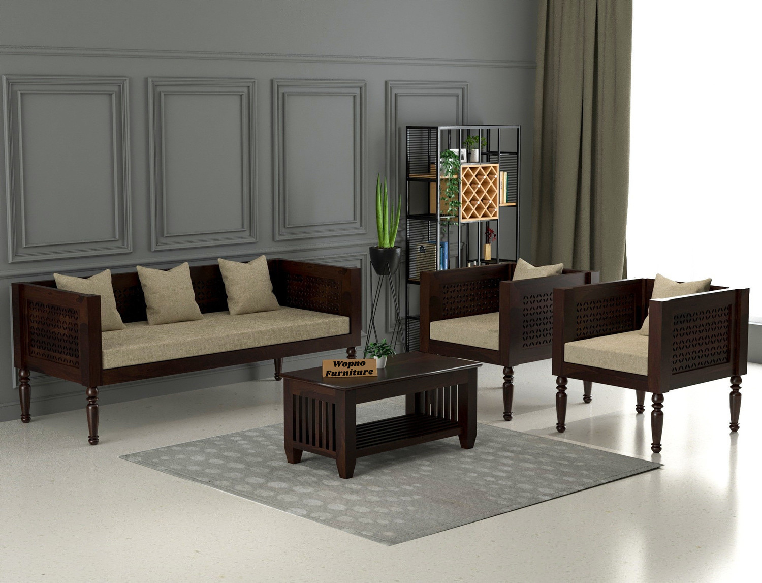 Image of Wopno Furniture Sheesham Solid Wood 5 Seater Sofa Set for Living Room Home & Office | Sofa Set Fabric 5 Seater Sofa