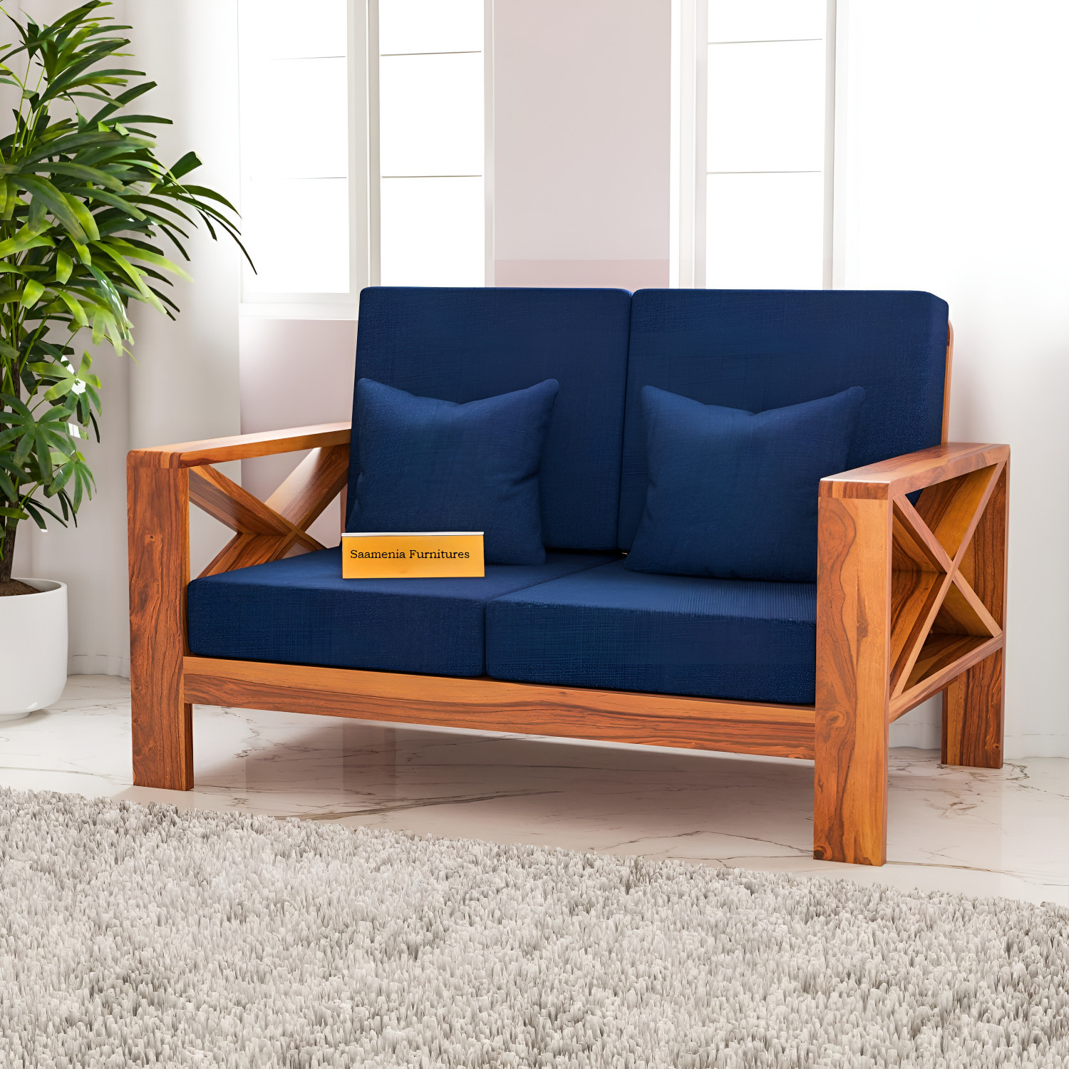 Image of saamenia furnitures Solid Sheesham Wood 2 Seater Sofa {40 Density Foam And Without Pillow} Fabric 2 Seater Sofa
