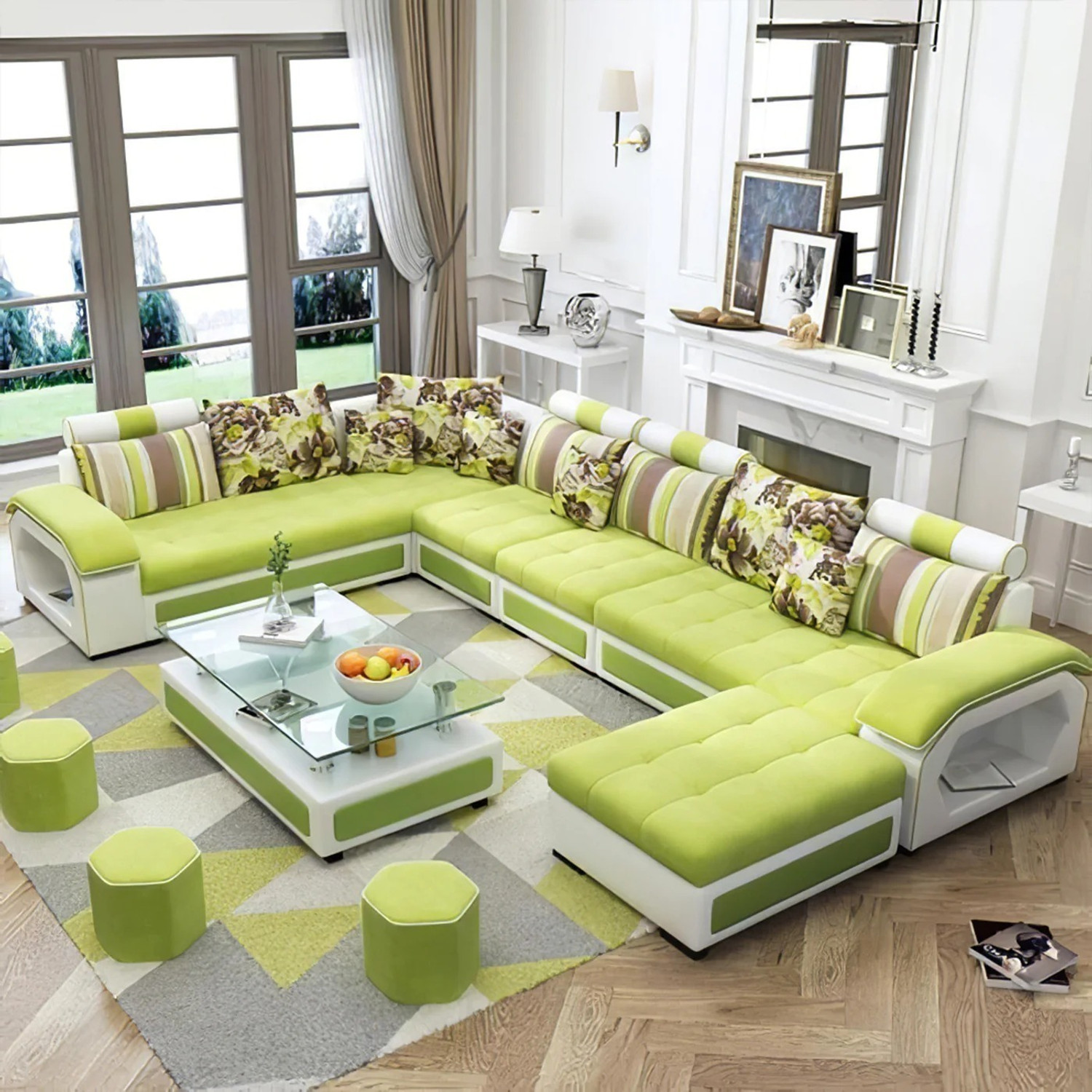 Image of Torque Silvester U Shape 9 Seater Fabric Sofa Set with 4 Puffy (Green - White) Fabric 3 + 2 + 2 + 1 Sofa Set
