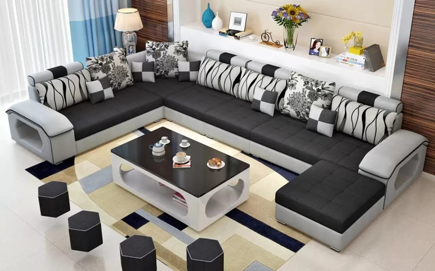 Image of Torque Silvester U Shape 9 Seater Fabric Sofa Set with 4 Puffy (Black - Grey) Fabric 3 + 2 + 2 + 1 Sofa Set