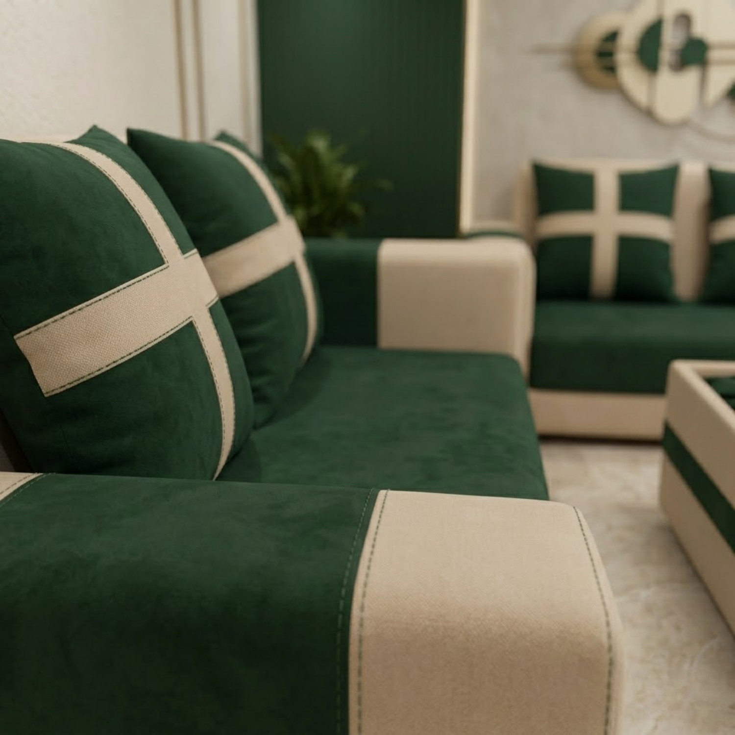 Image of WAKESURE Premium Quality Velvet Fabric 3 + 2 + 1 + 1 Sofa Set (Cream & Bottle Green, DIY(Do-It-Yourself))