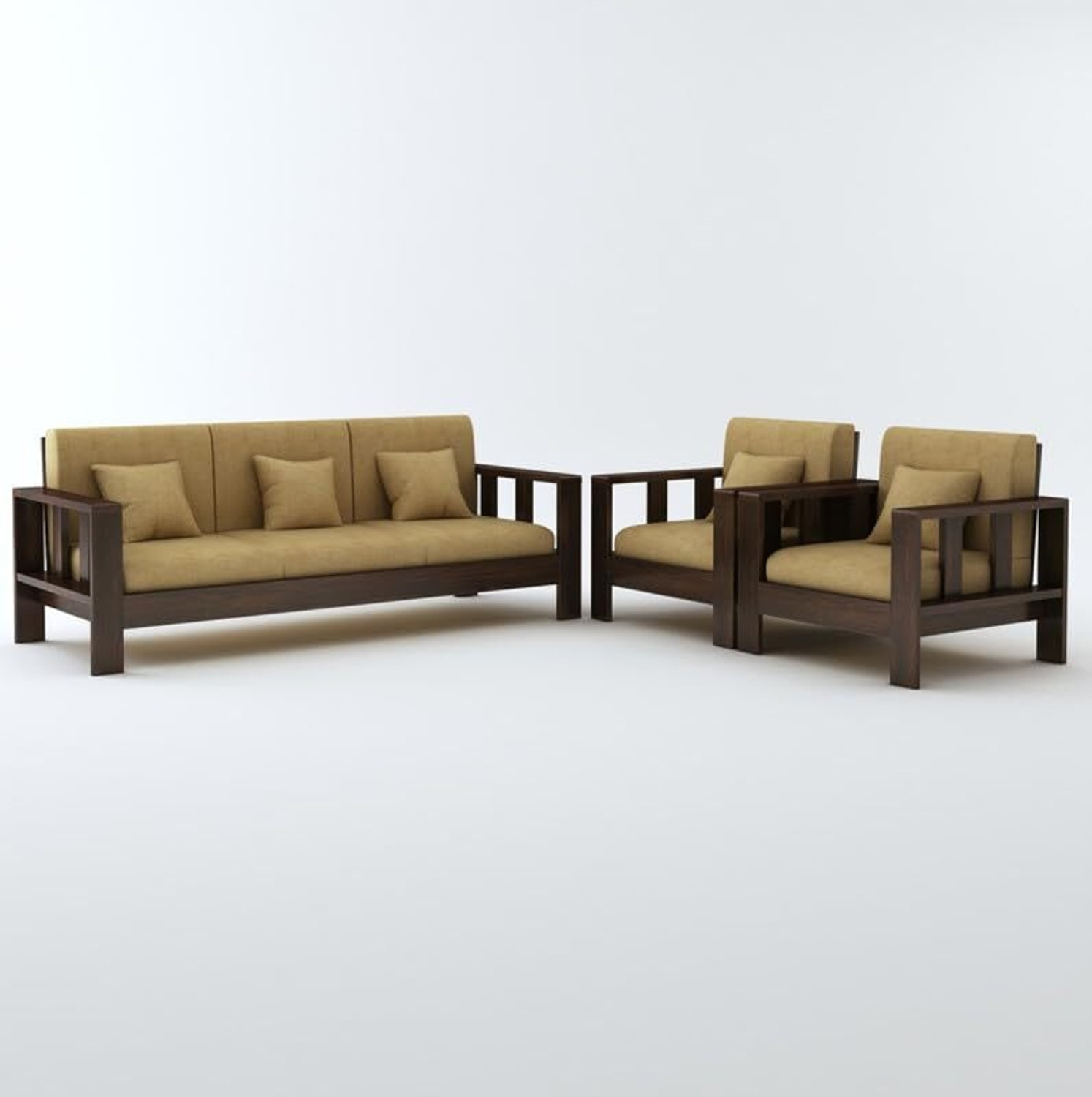 Image of SUNCROWN Monarch Sheesham wood for livingroom /bedroom /seating Fabric 3 + 1 + 1 Sofa Set