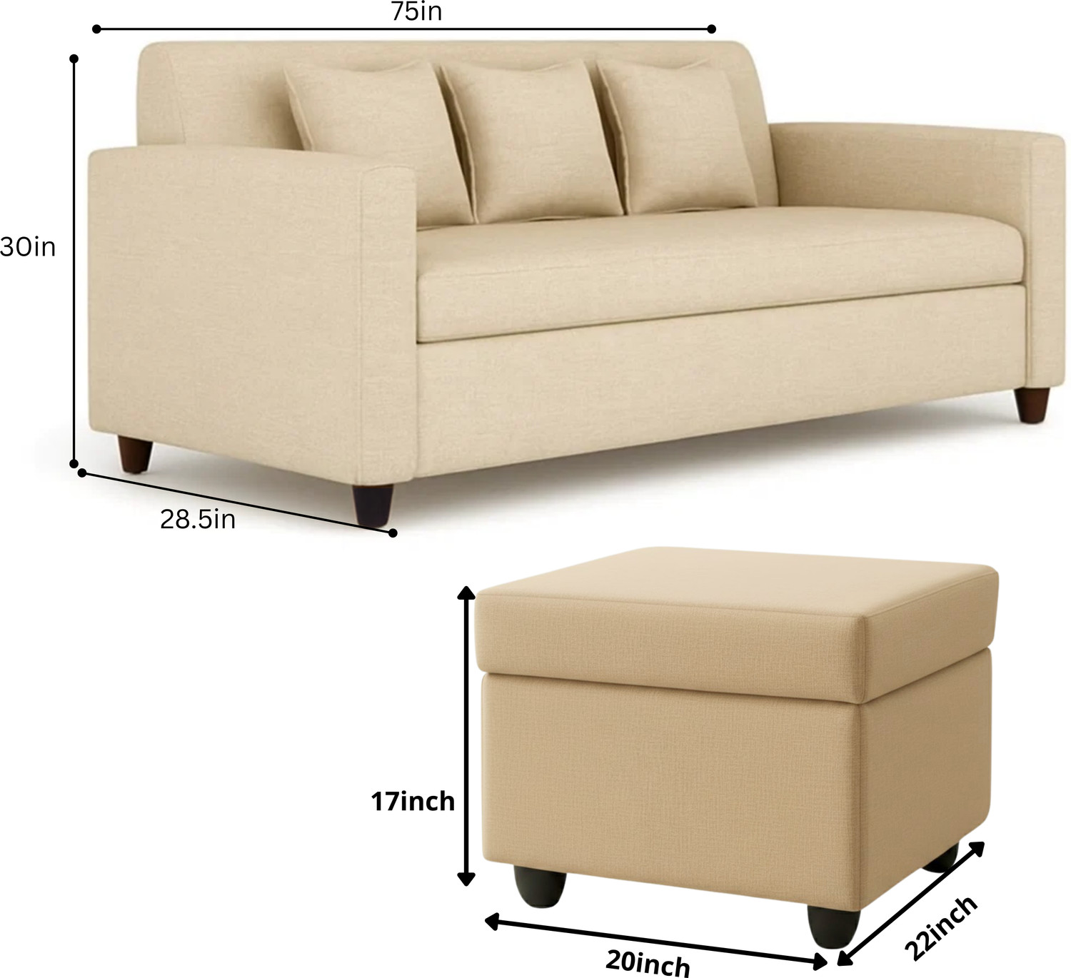 Image of WAKESURE Premium Quality 3 Seater With Ottoman Jute Fabric 3 + 1 Sofa Set