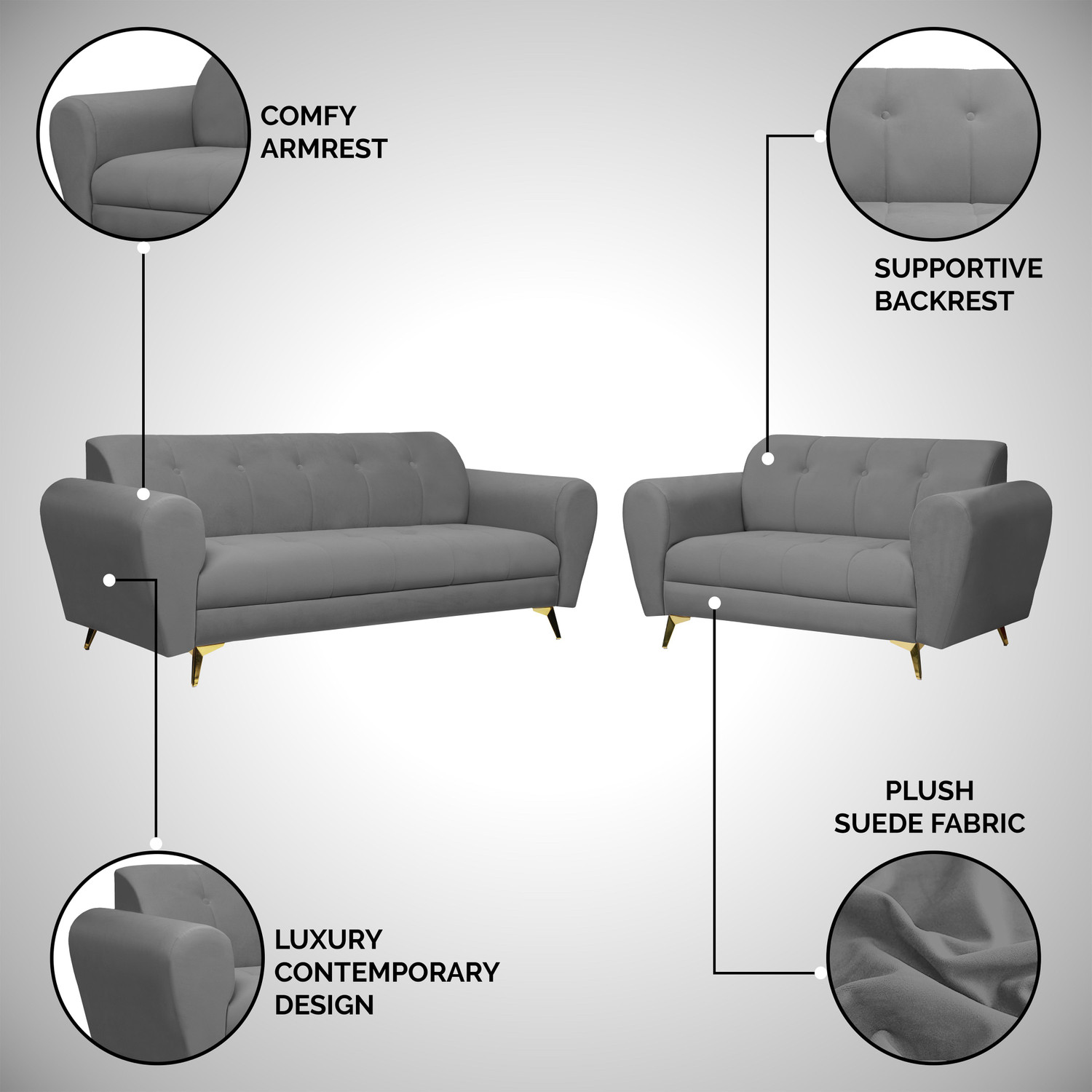 Image of Seventh Heaven Milan Icon 5 Seater Sofa Set, Plush Suede Fabric Fabric 3 + 2 Sofa Set